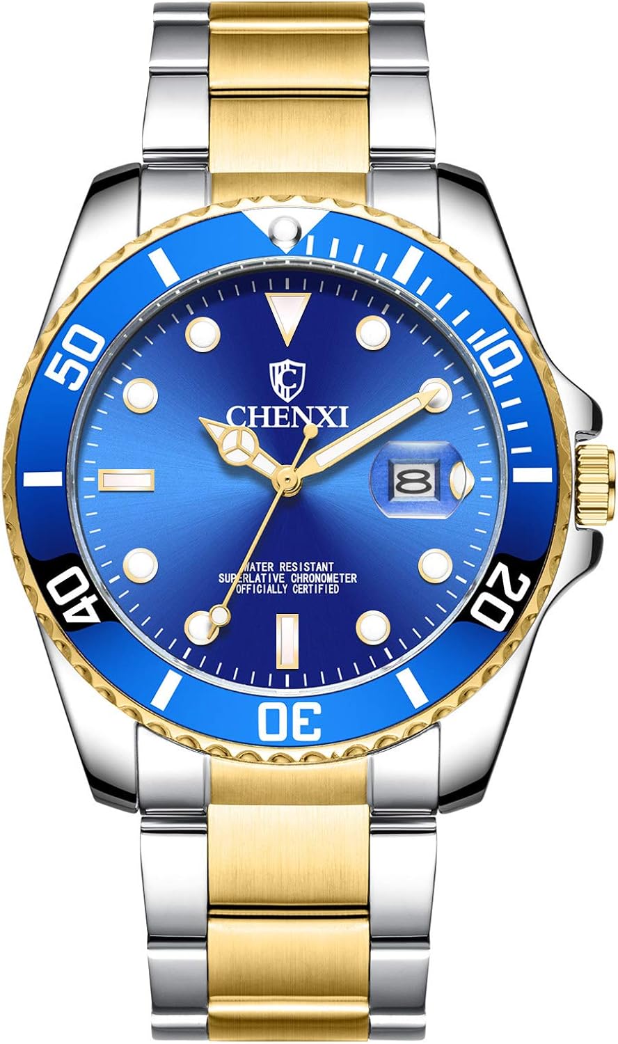 MASTOP Fashion Men's Watch Leather Or Stainless Steel Waterproof Date Quartz Wristwatches (Gold Silver Blue)