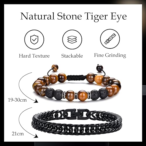 Miniatura 5 de PRETOLE 2PCS Mens Stainless Steel Bracelets, Black Gemstone Tiger Eye and Agate Beaded Bracelet for Men Chain Matching Bracelets Set for Women,
