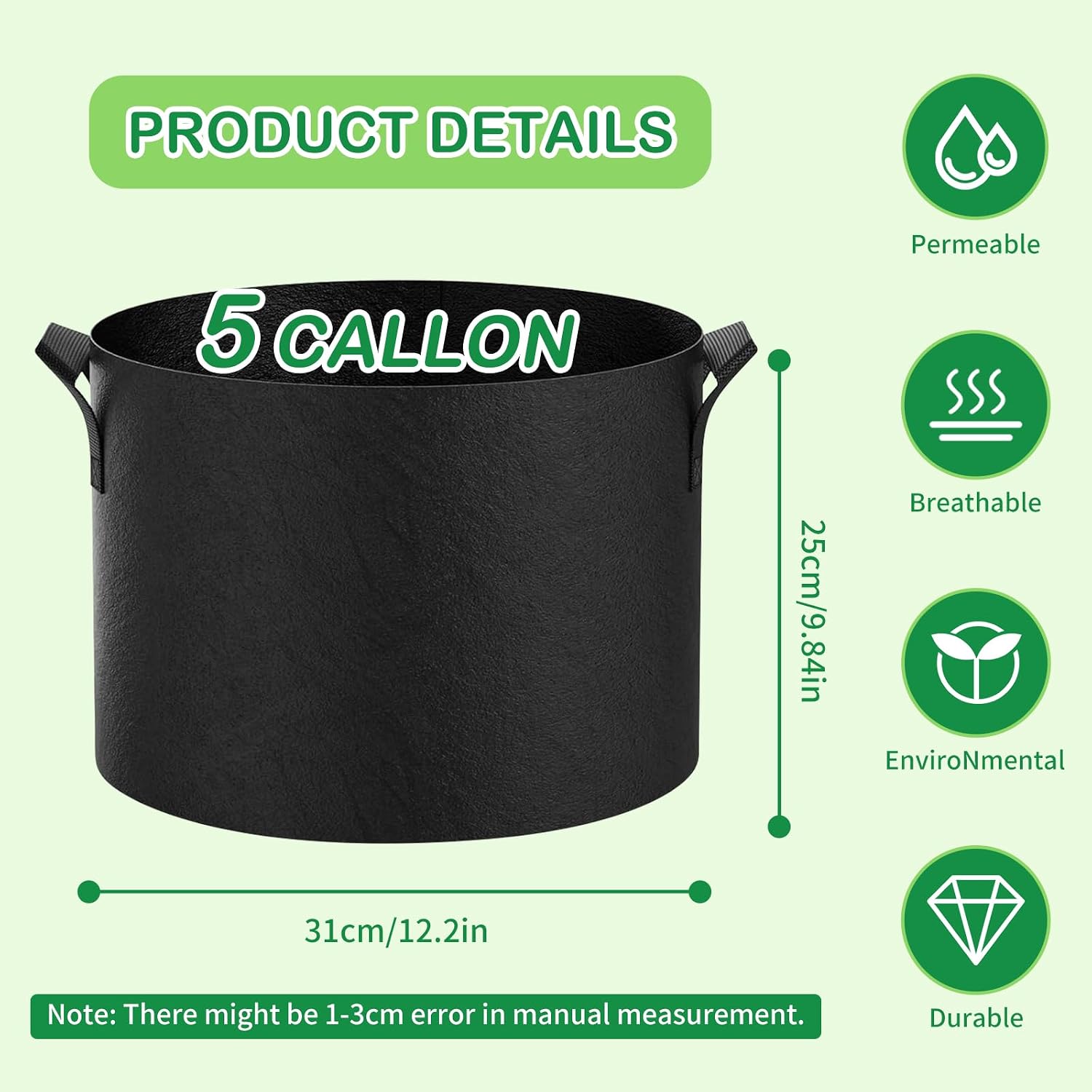 SooGree Grow Bags (3-Pack) - Heavy Duty Fabric Pots for Vegetables, Fruits, Flowers, Plants | Aeration Fabric Prevents Root Circling & Overwatering | Durable, Reusable (Round, 5 Gallon)