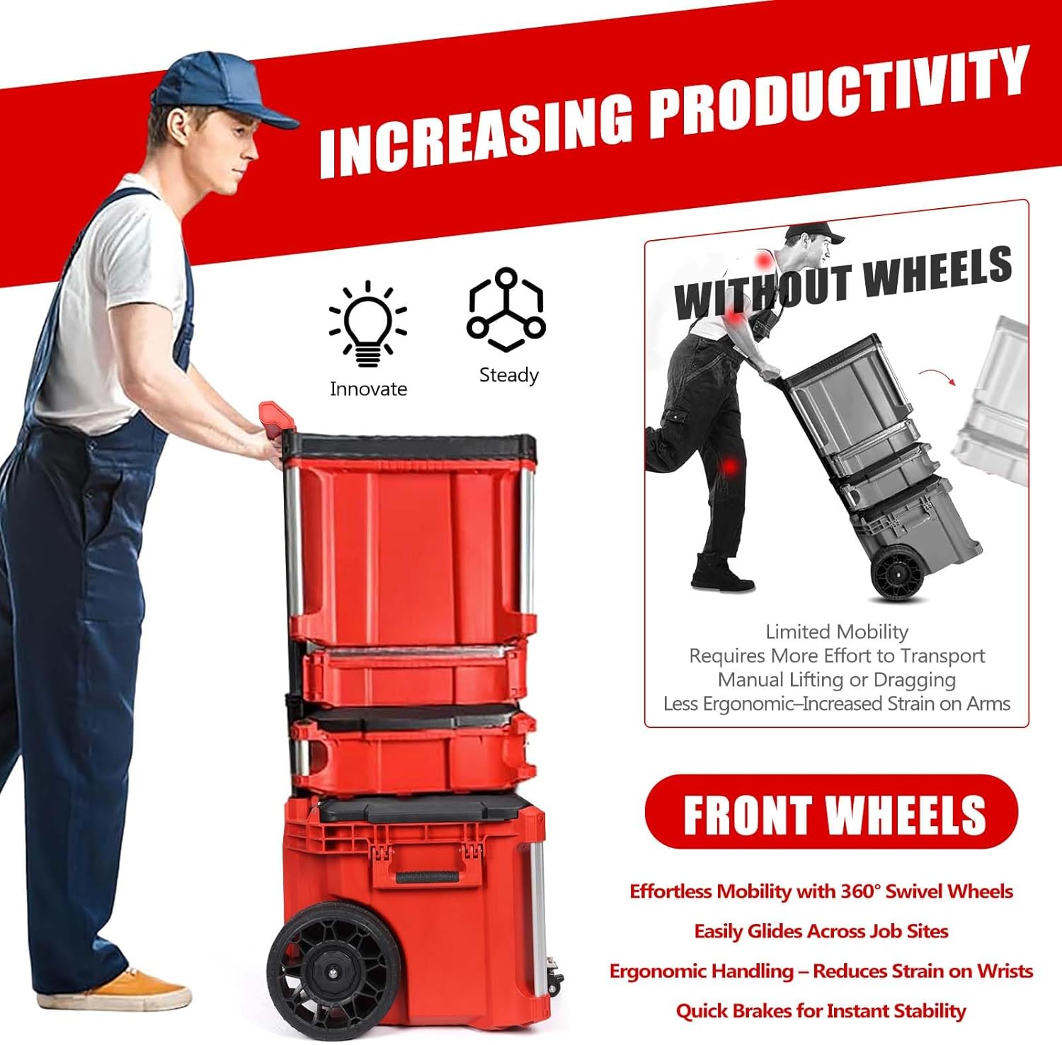 Flip-Up Swivel Caster Wheel for Packout Rolling Toolbox, Upgraded Front Wheel Kit with Locking Brake, Accessories Compatible with Milwaukee Packout, 200 lbs Capacity