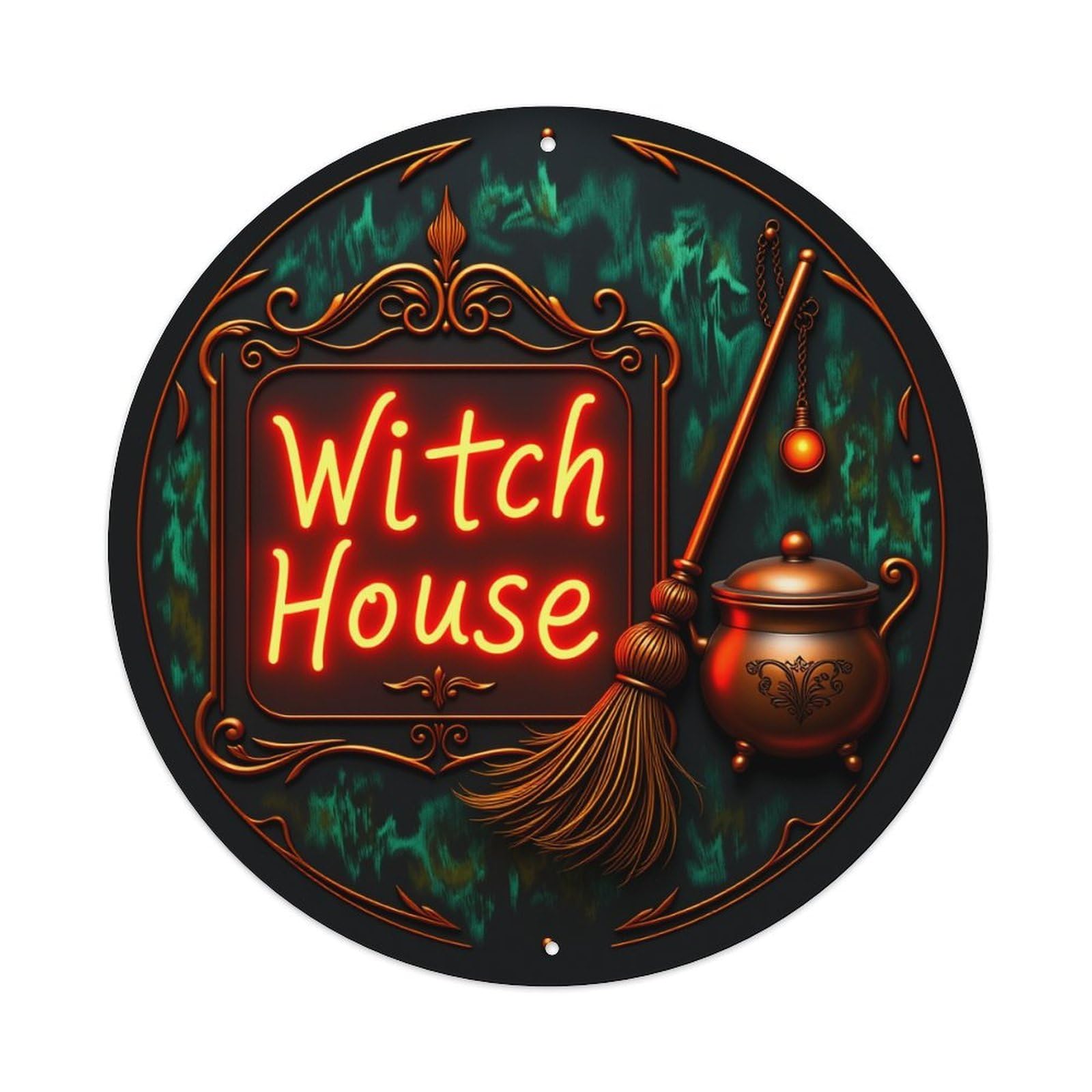 Witch House Broom Cauldron Magic Round Tin Sign Vintage Metal Poster Retro Bar, Home, Man Cave, Kitchen, Laundry Room Wall Art Decor Gift 8x8Inch