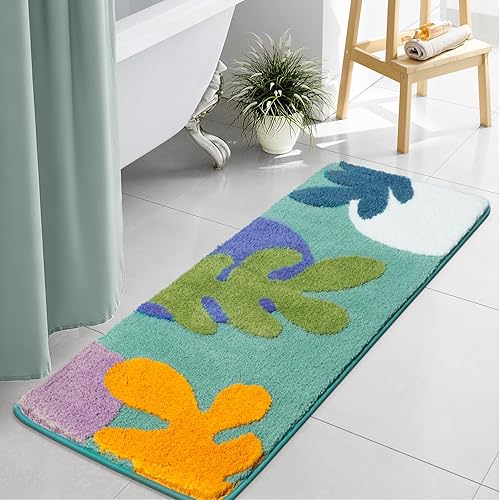 Miniatura 64 de Uphome Alfombra de baño larga con hojas abstractas coloridas, antideslizante, absorbente de agua, bohemio, de microfibra suave, lavable a máquina
