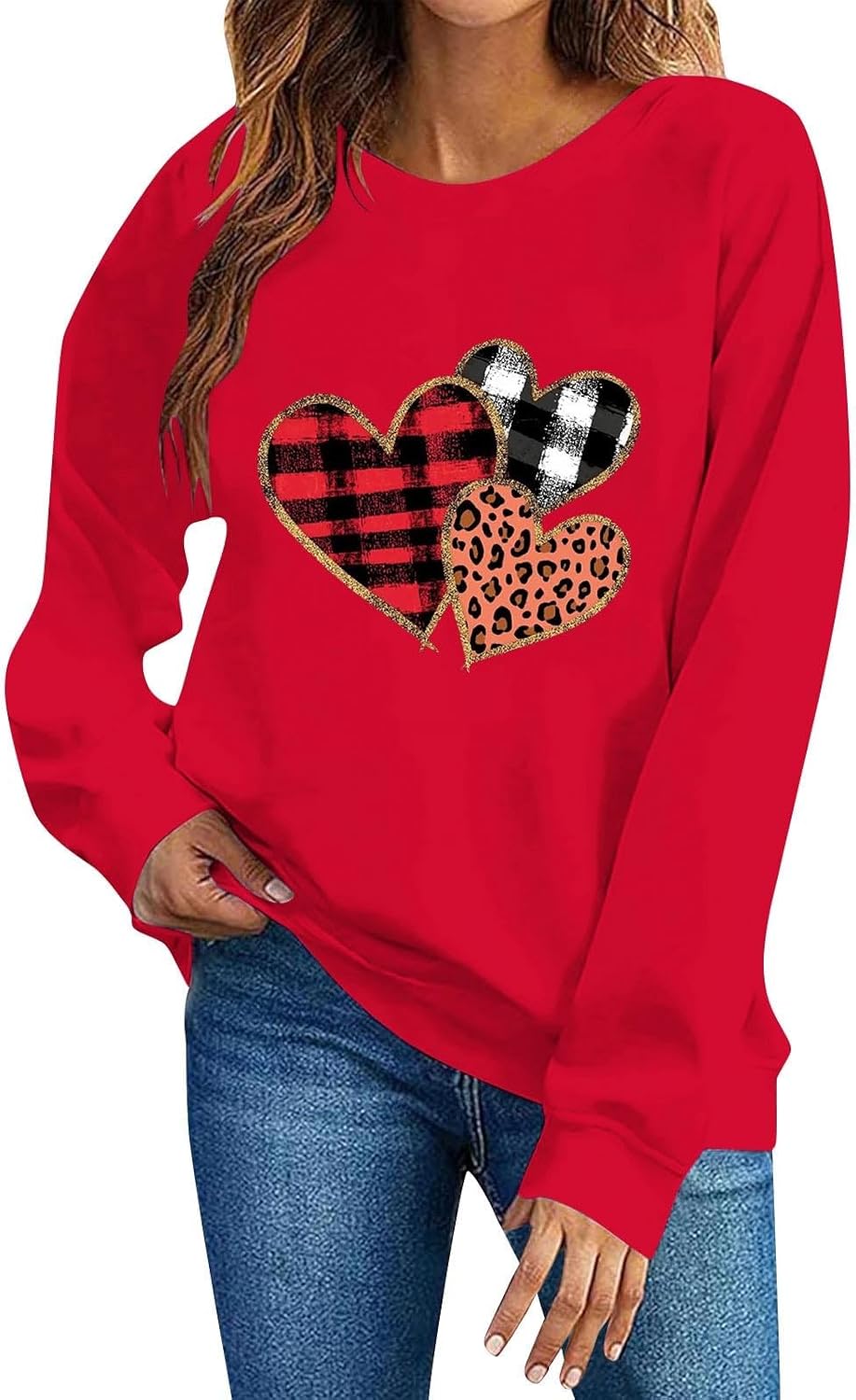 Valentine Sweatshirts for Women, Cute Heart Print Sweatshirt Spring Holiday Casual Outfits Long Sleeve Crewneck Pullover