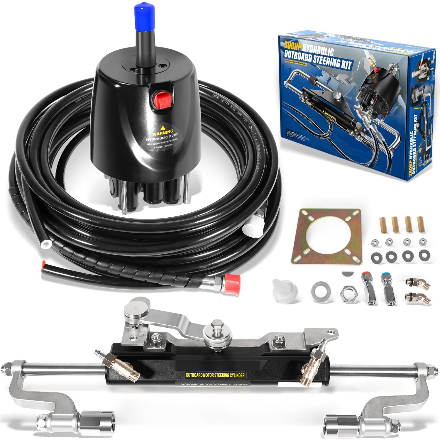 sixcow Hydraulic Steering Kit 300HP Hydraulic Steering Compact Cylinder Hydraulic Outboard Steering Kit with Helm Pump for Boat Marine Steering System