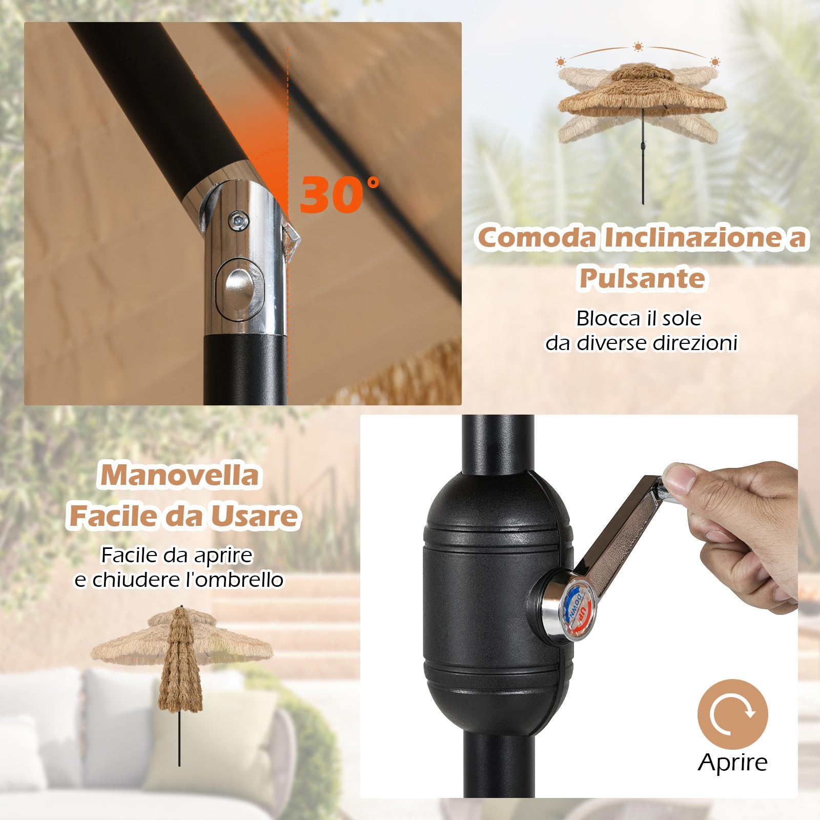 RELAX4LIFE Ombrellone da Spiaggia 2,7M/3M, Parasole Hawaiano in Paglia, Inclinazione Regolabile, Non Base, per Giardino, Cortile, Piscina (3m, sanza Luci)