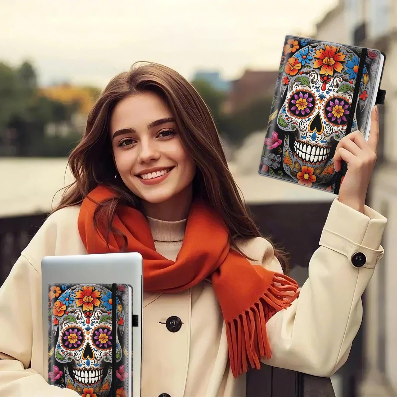 Journal Notebook, A5 Lined Notebook for Writing 200 Pages 100 GSM Thick Paper, Hardcover Leather Business Diary Notepad for Work and School College Ruled Notebook, Sugar Skull
