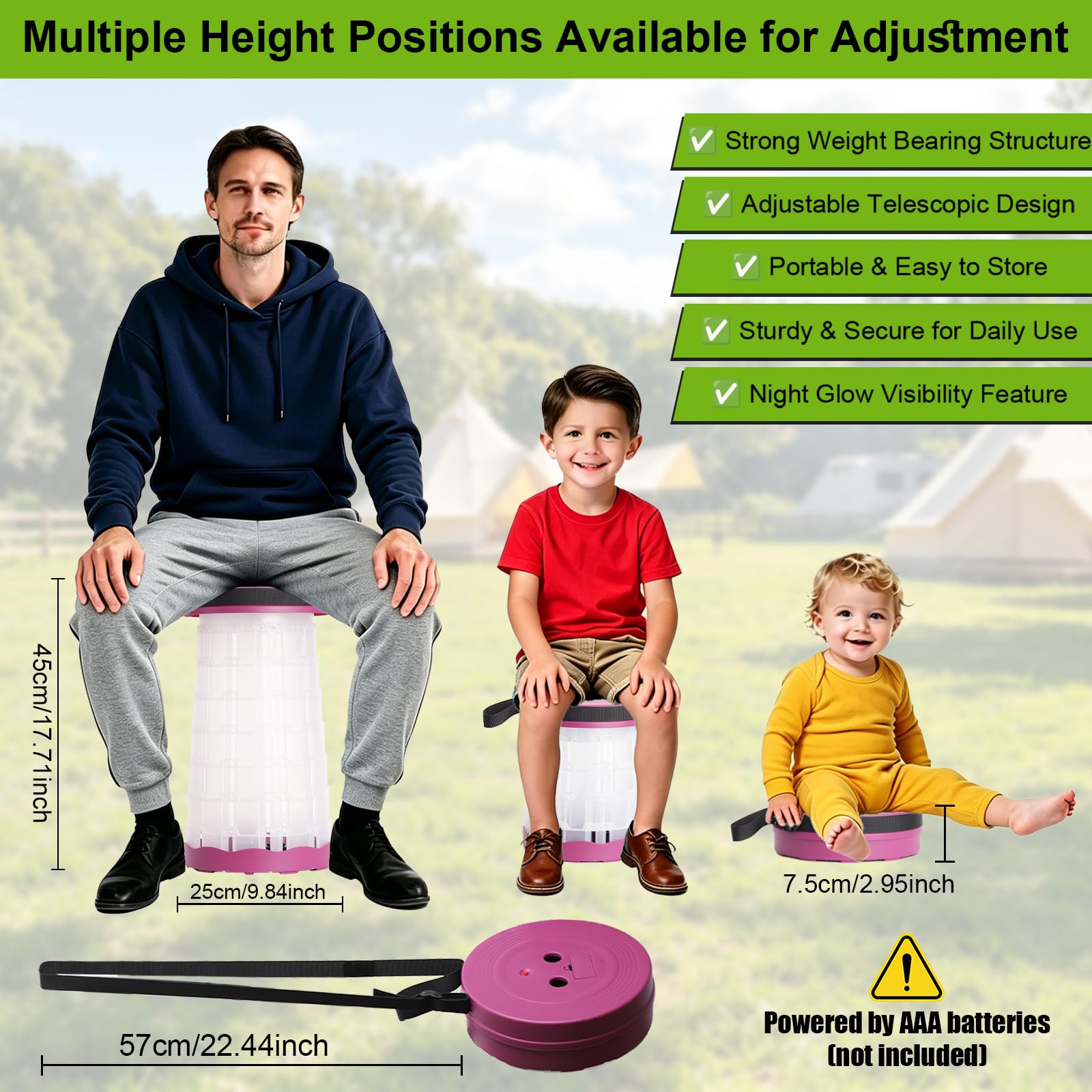 Tabouret de camping télescopique à LED, léger, pliable et portable avec lumière intégrée, pour camping, pêche, barbecue, randonnée et festivals de musique, aspect noir (aspect violet, lumière blanche)