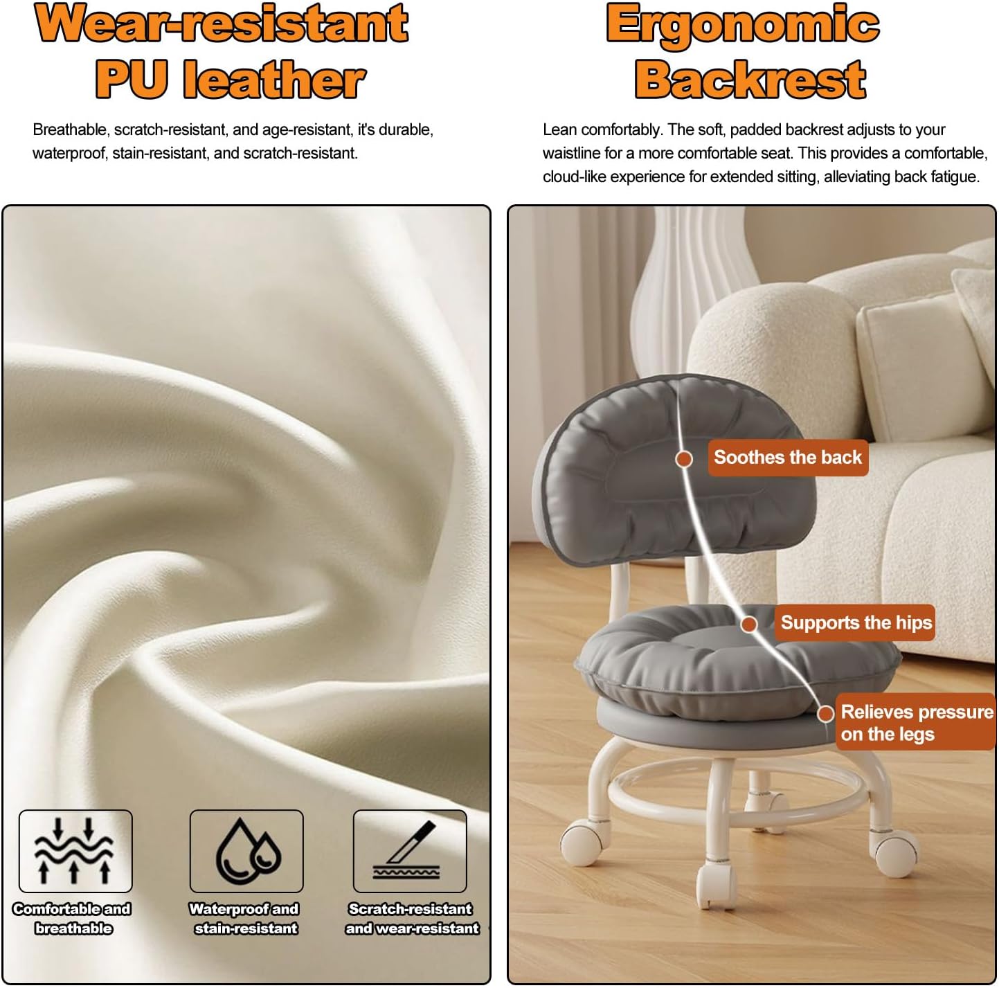 Black,B,Rolling Stool with Backrest Low Height Rolling Stool with PU Leather, Roller Stool Chair, Roller Seats for Home, Office, Garage, Shop, Library