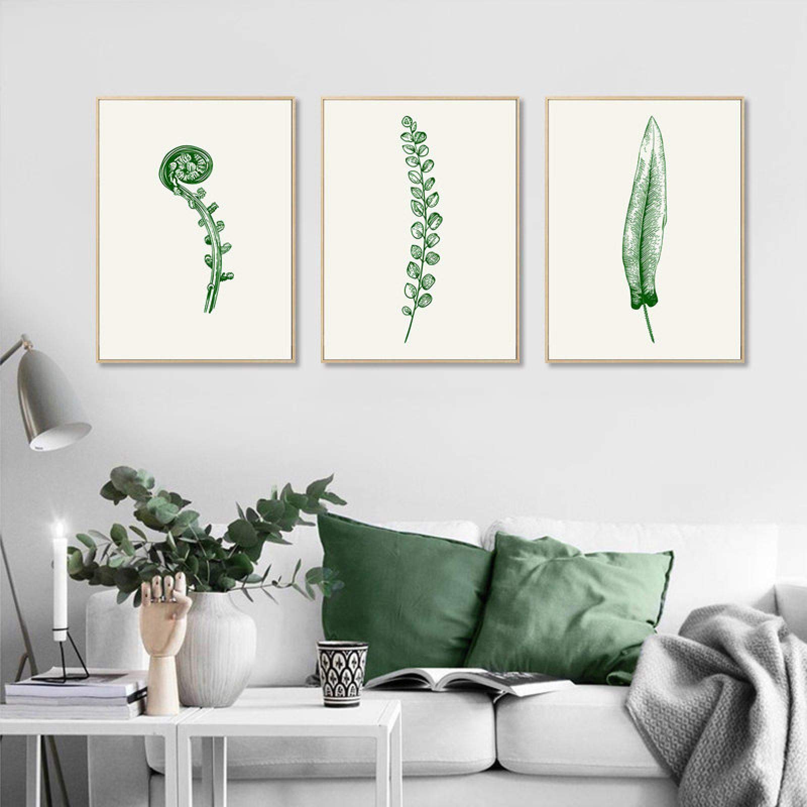 Arte de la pared pintura de la lona cartel de la planta de la acuarela imagen de la hoja verde escandinava lista para colgar la decoración del hogar 60x80cmx3 marco interior