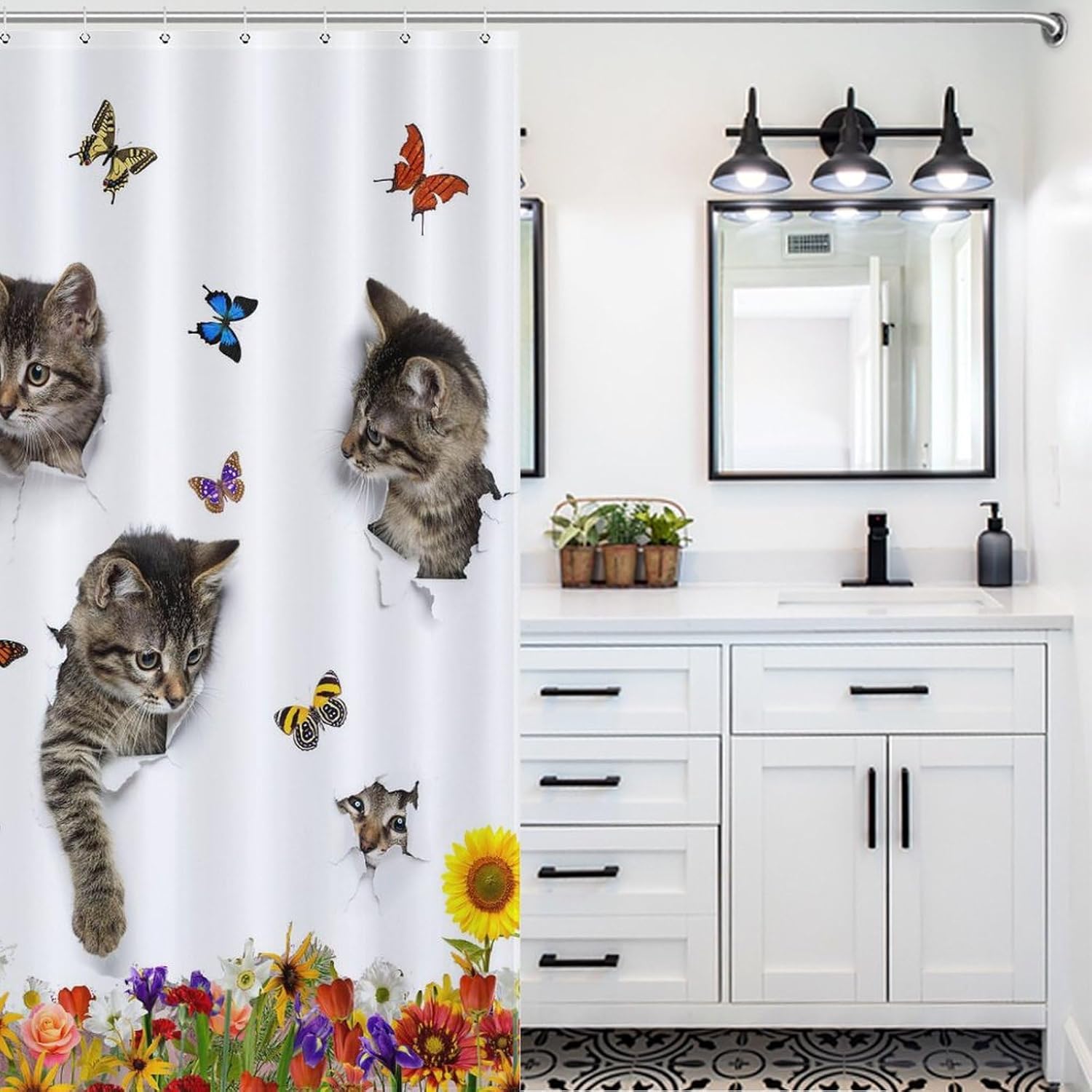 Funny Cat Shower Curtain, Spring Garden Sunflower Cute Hiding Cat Catch Butterflies Animal Shower Curtain Sets for Bathroom Fabric Bath Curtain 12 Hook 55x72Inch（140x183cm）