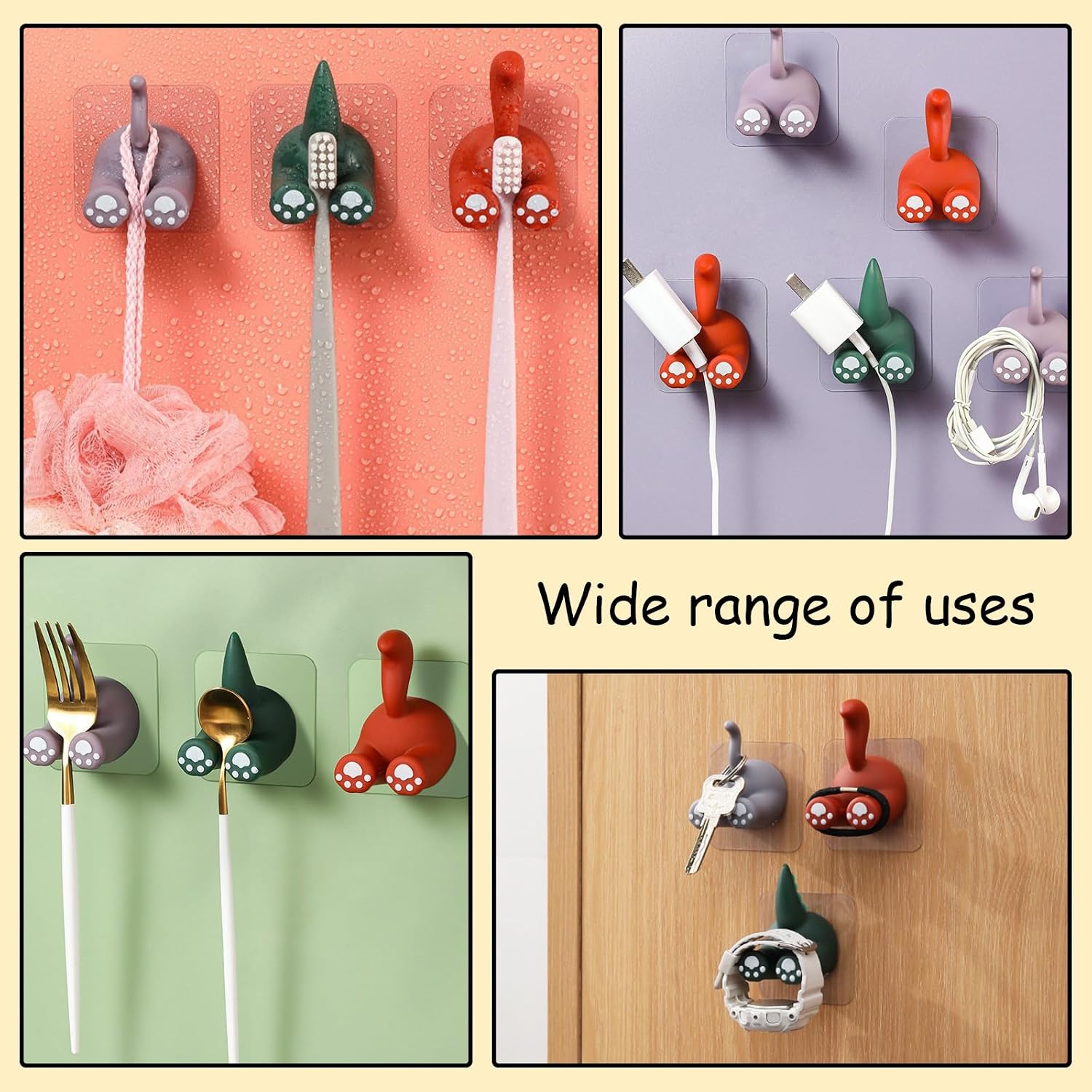 Incauca 3 Pack Decorative Cartoon Adhesive Hook, Animal Tail Hooks for Wall, Self Adhesive Razor Toothbrush Plug Cable Shave Holder Waterproof for Bathroom, Utility for Hanging Towel Keys (Green)