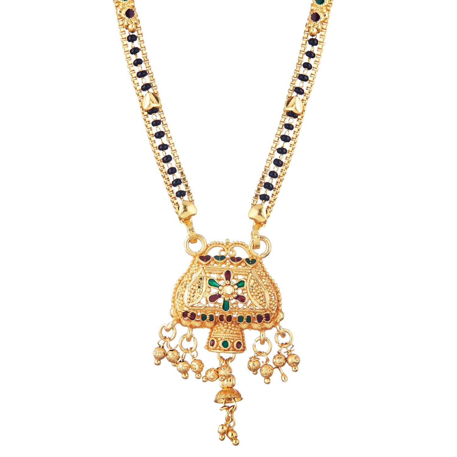 zeneme Mangalsutra Gold Plated Tradional Multi Colour Flower Tribal Style Pendant Long Golden Chain With Black Bead Tanmaniya Nallapusalu Jewellery for Women-picture-17