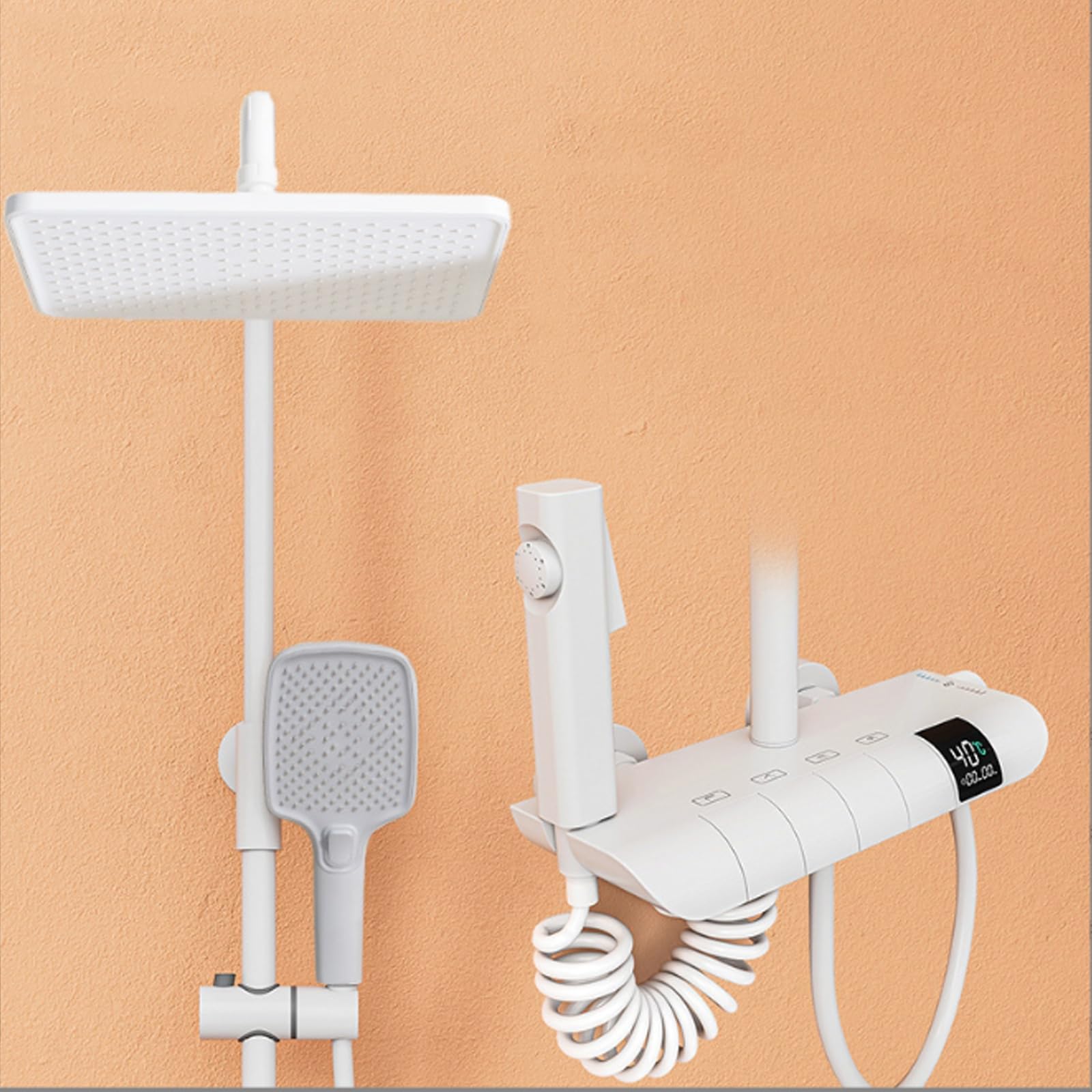 ZYCHSJXA Shower Faucet SetPiano Key Mixer Digital Display 4 Way with Rainfall, 3-Function Handheld, Tub Spout and Bidet Sprayer, Adjustable Height,White