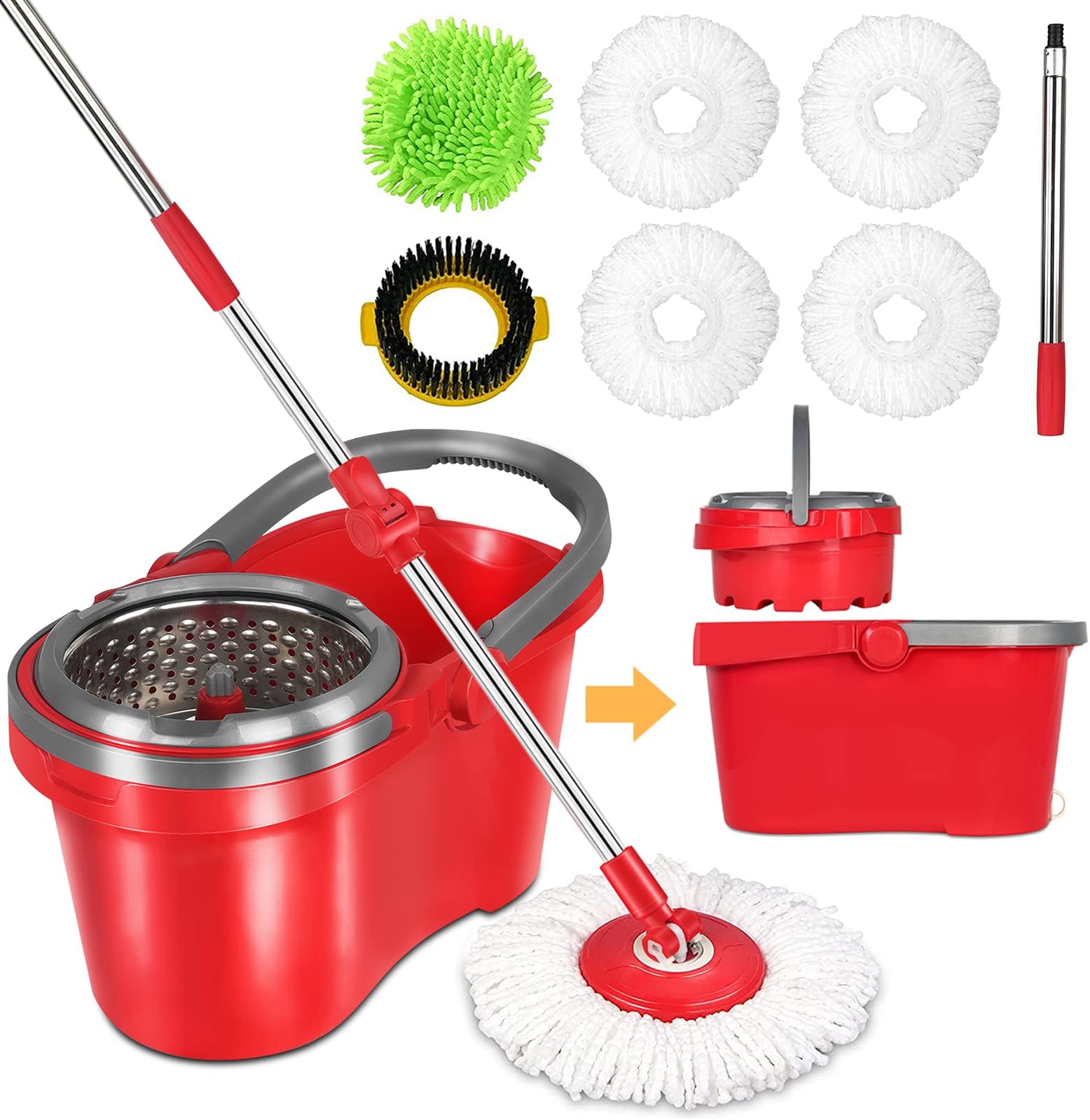 HAPINNEX Spin Mop and Bucket with Wringer Set - for Home Kitchen Floor Cleaning - Wet/Dry Usage on Hardwood & Tile - Upgraded Self-Balanced Easy Press System with 2 Washable Microfiber Mops Heads