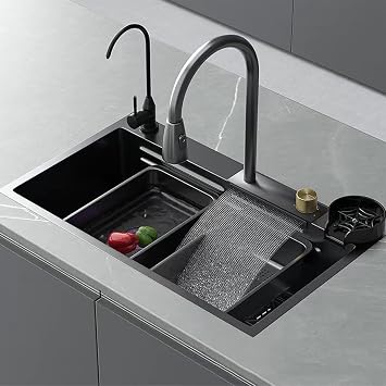 Domestic Single Bowl Kitchen Sink, 304 Stainless Steel, Waterfall Design, 75 * 46 * 22cm, Undermount, Brushed Finish