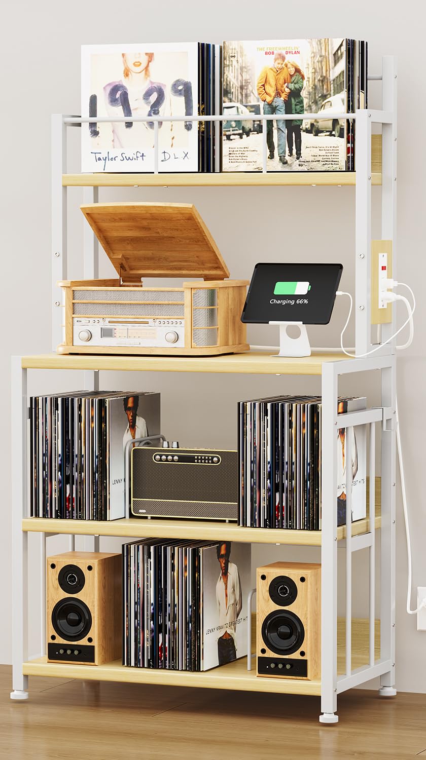 EasyCom Supporto per giradischi con contenitore in vinile, supporto per giradischi può contenere fino a 300 album, grande tavolo per giradischi con stazione di ricarica, supporto per dischi in vinile