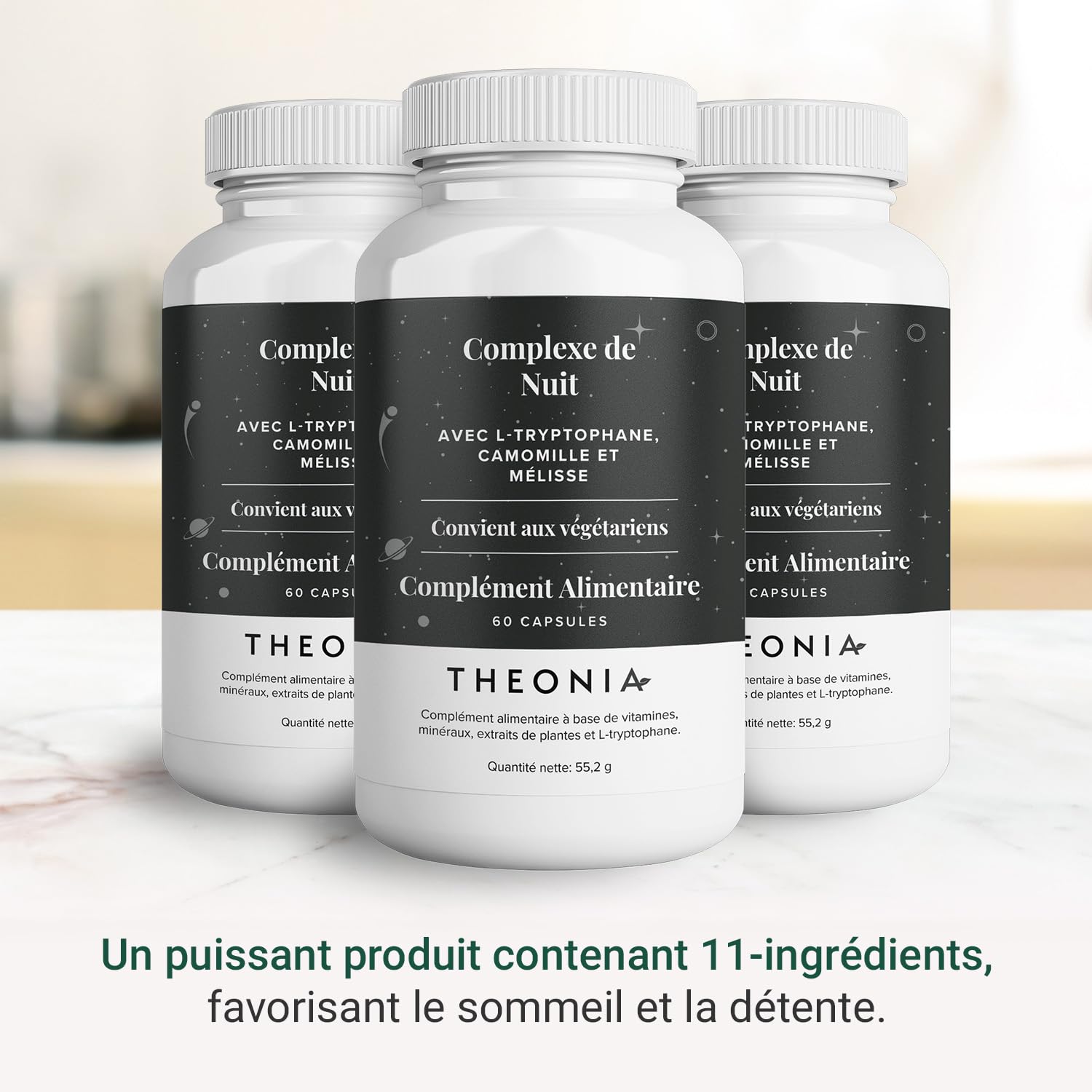 Complexe nuit de Theonia avec 100 mg L-tryptophane, camomille et Mélisse Supplément naturel pour le sommeil et la relaxation - 60 gélules, Sans OGM, Végétarien