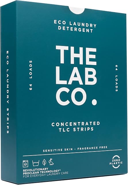 The Lab Co. Laundry Detergent Strips Sheets Eco Ultra-Concentrated Non-Bio Fragrance Free Unscented Sensitive Skin. Hand and Machine Washing. For 64 Loads