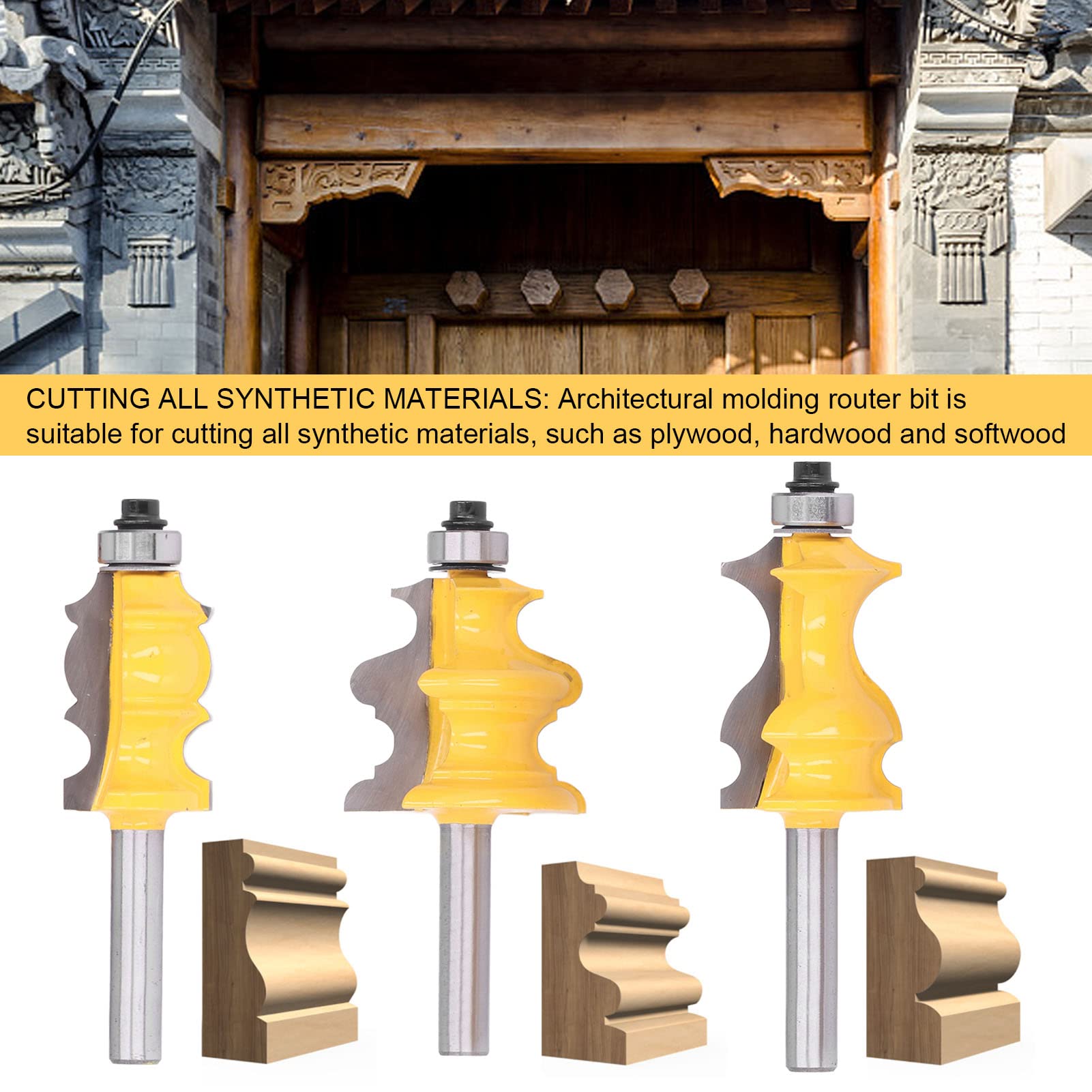 Zestaw bitów do formowania architektonicznego Wysokowydajny frez do obróbki drewna do ościeżnic i produkcji mebli Trzpień 8 mm 3 szt.
