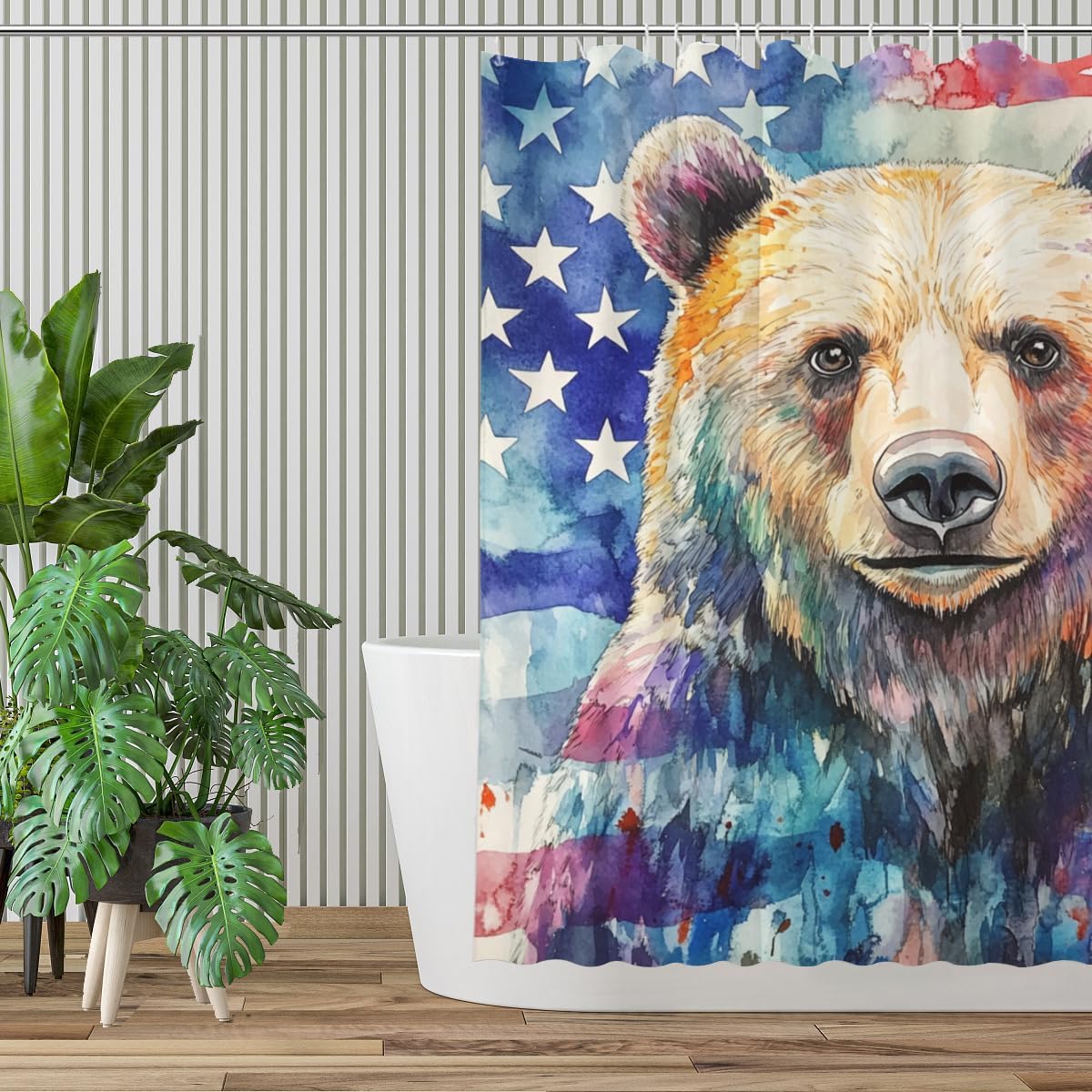 NGZ 4th of July Independence Day Bear Shower Curtain Set American Flag Patriotic Shower Curtain Waterproof Fabric Shower Curtain with 12 Hooks 72''x72''