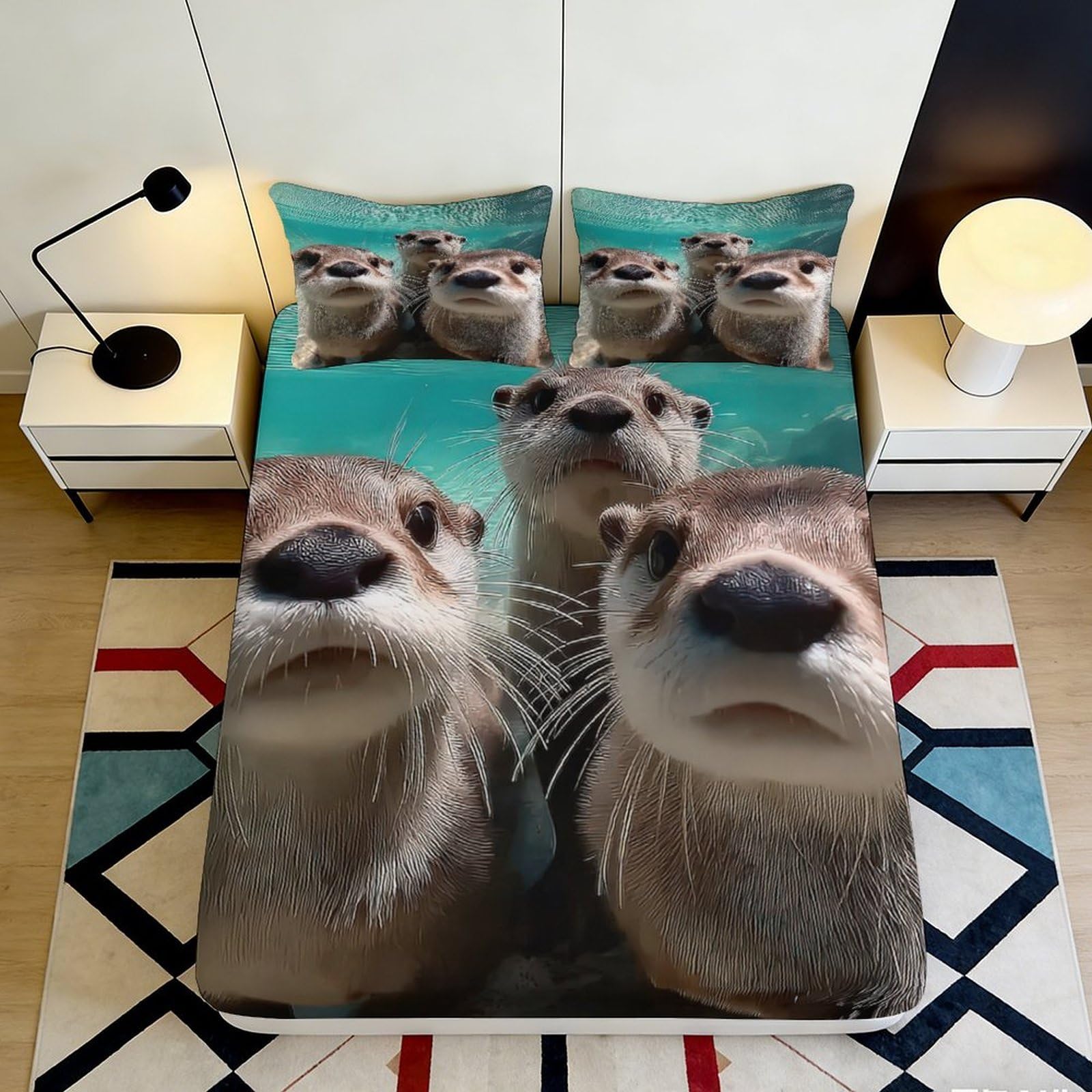 3D Printed Otter Fitted Sheet Microfiber Deep Pocket Bedroom Bedding Elastic Otter Mattress Fitted Cover Non-Slip 90x200x25cm