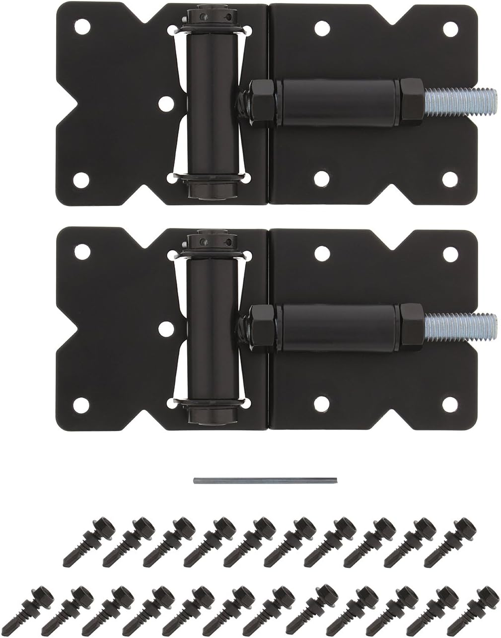7Penn Self-Closing Black Gate Hinge 2-Pack with Installation Screws and Swing Adjuster Tool – Outdoor Vinyl/Wood Fence