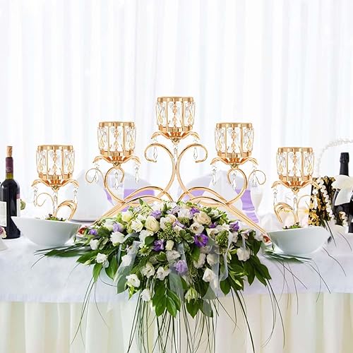 Miniatura 5 de Portavelas dorado con colgante de cristal de 26.8 pulgadas de ancho con 5 brazos de 26.8 pulgadas de ancho, decoración de mesa de centro de mesa