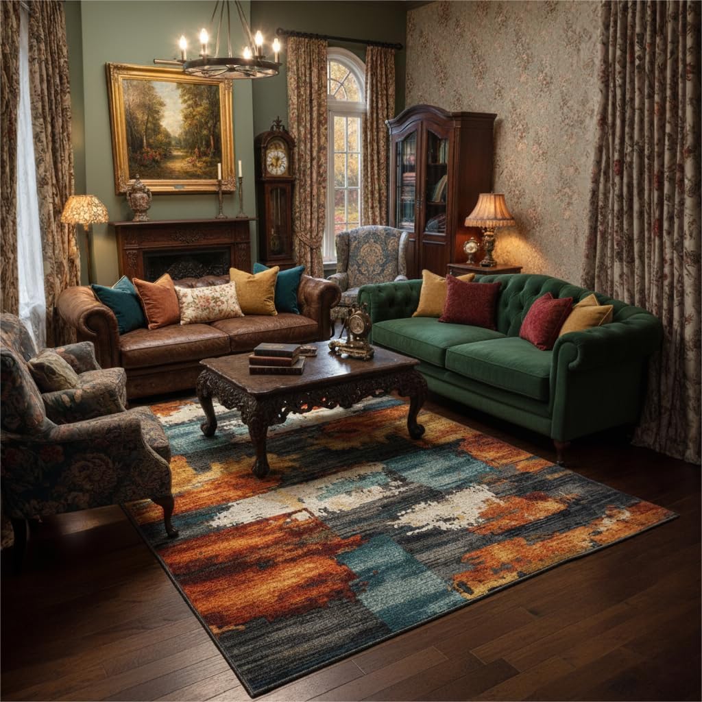 5x7 Area Rug for Living Room,Modern Abstract Burnt Orange Rug,Terracotta and Teal Brushstroke,Washable Rug,Non Slip, Bedroom, Dining Room, Home Office