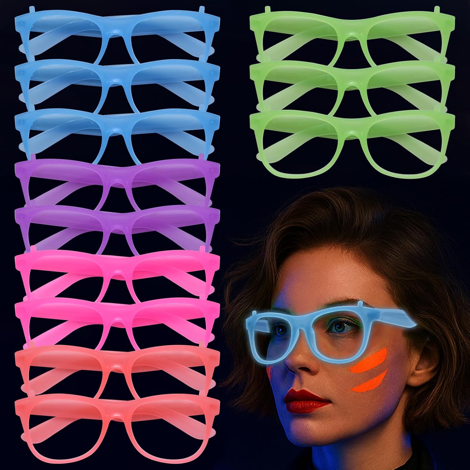 JGCWorker 12 Pack Glow in The Dark Neon Glasses – UV Blacklight Reactive Square Frame Eyewear in 5 Colors for Rave, 80s Party, Birthday, Festival, and Fluorescent Theme Decorations