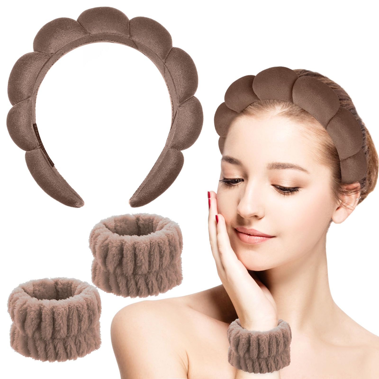 Sibba Set di fasce per capelli in spugna per lavare il viso, fasce per il trucco per donne e ragazze, cura della pelle, rimozione del trucco, lavaggio spa, yoga, sport, doccia, fascia per capelli in Caffè
