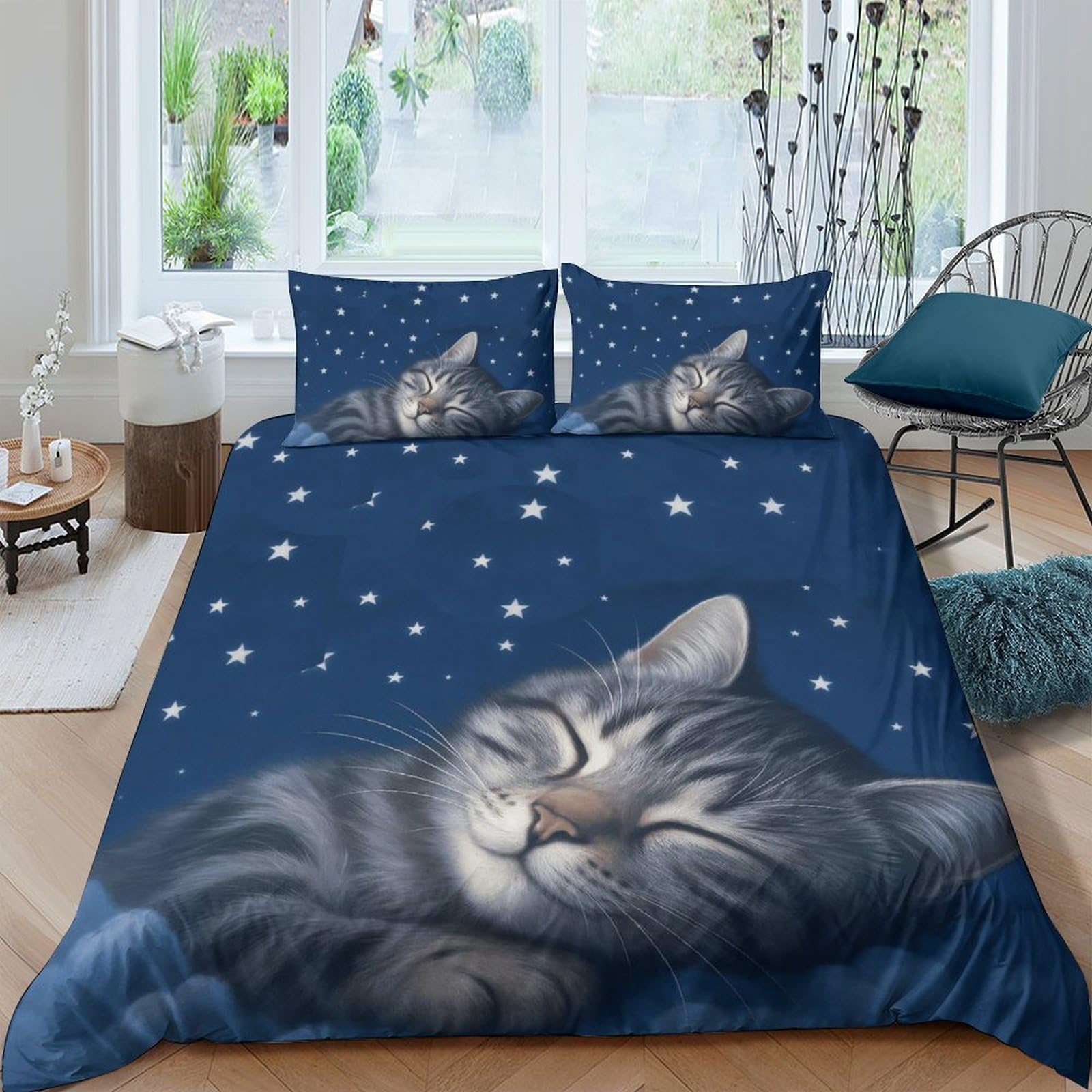 Ctjqhvkz Style-8 3D Printed Sleeping Cat Starry Night Fitted Sheet Microfiber Soft Slip-Resistant Mattress Cover Bedroom Decor Single（135X200cm）