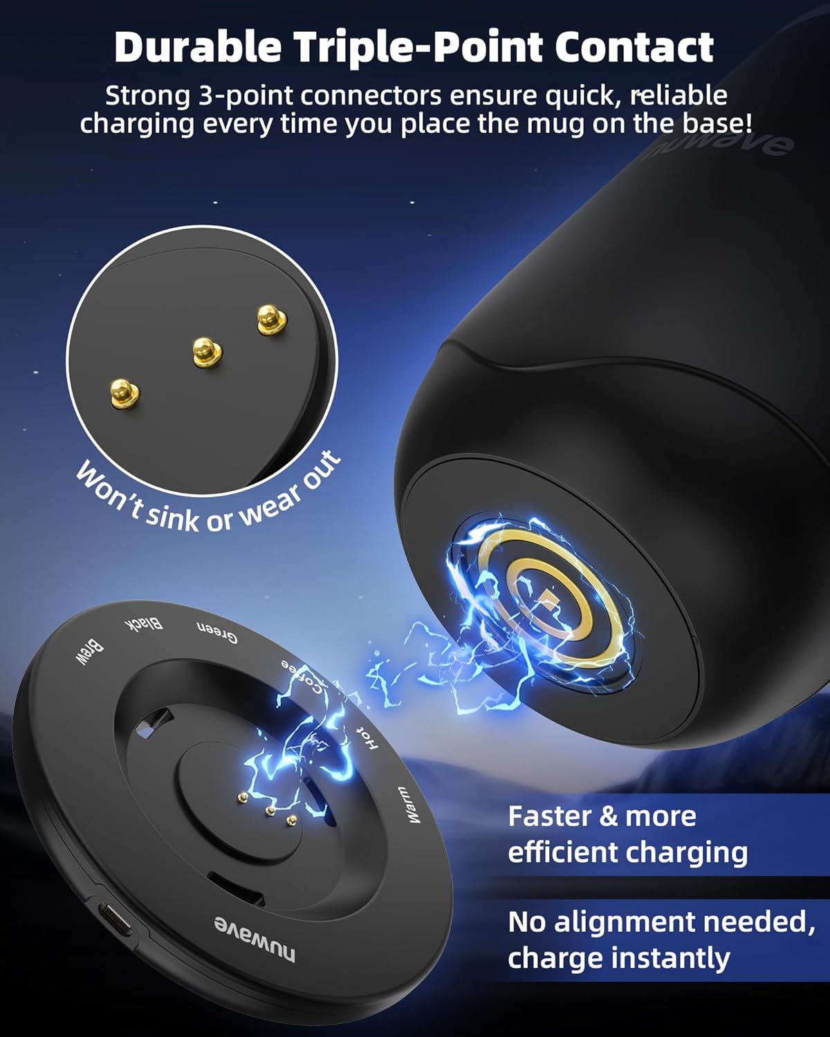 Nuwave Smart Mug LED display showing 135°F with up and down arrows, surrounded by touch controls for Warm, Hot, Coffee, Green, Black, Brew modes.