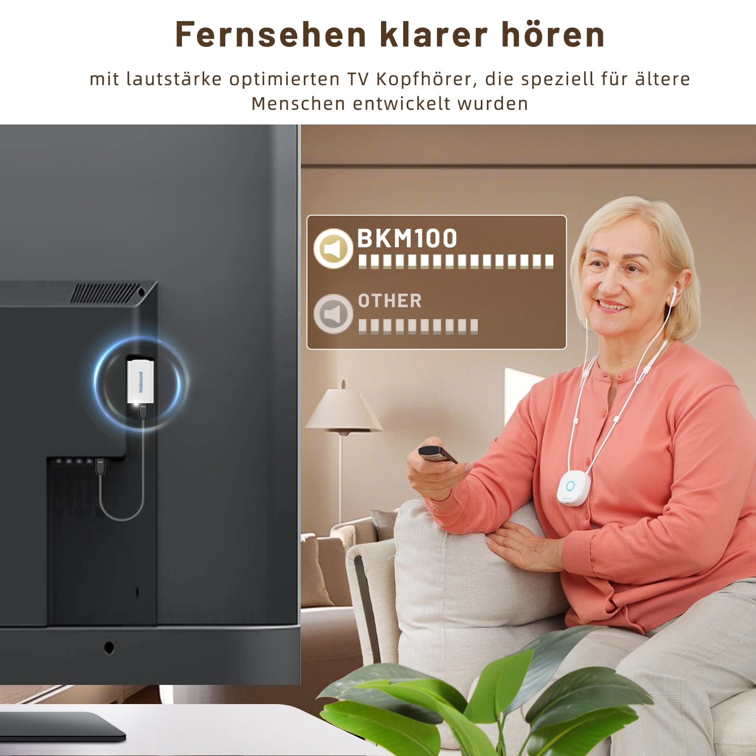 Holdsound Funkkopfhörer Kabellos für TV, Kopfhörer für Fernseher mit USB-Sender, Einfache Einrichtung für Senioren, Keine Verzögerung, 30 Meter Reichweite, 15 Std (Milchweiß)