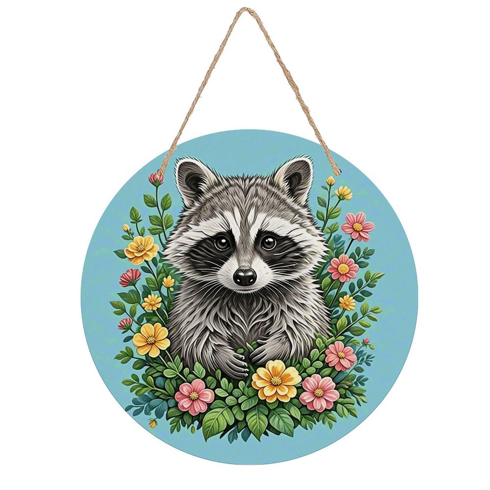 VstaDank Raccoon Wall Decor Round Wood Hanging Sign 7.9x7.9 in Wooden Circle Door Hanger with Ropes, Rustic Wall Art Decor for Home Front Door Indoor Outdoor Decoration