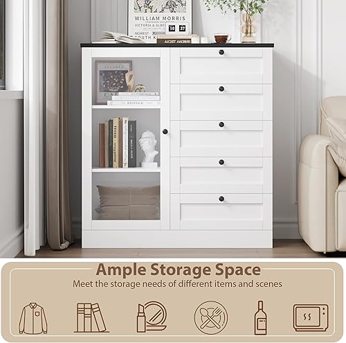 Miniatura 7 de HOSTACK Cómoda de 5 cajones con puerta, armario de almacenamiento con cajones y estantes, moderna cómoda de cajones para dormitorio, sala de estar,