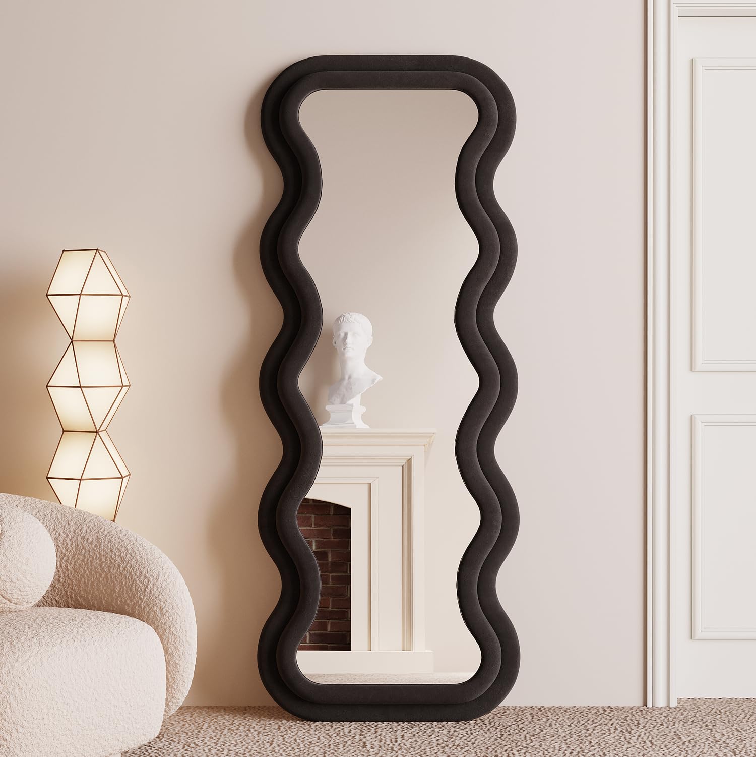 BOJOY Full Length Mirror 63"x24", Irregular Wavy Mirror, Wave Arched Floor Mirror, Wall Mirror Standing Hanging or Leaning Against Wall for Bedroom, Flannel Wrapped Wooden Frame Mirror-Black