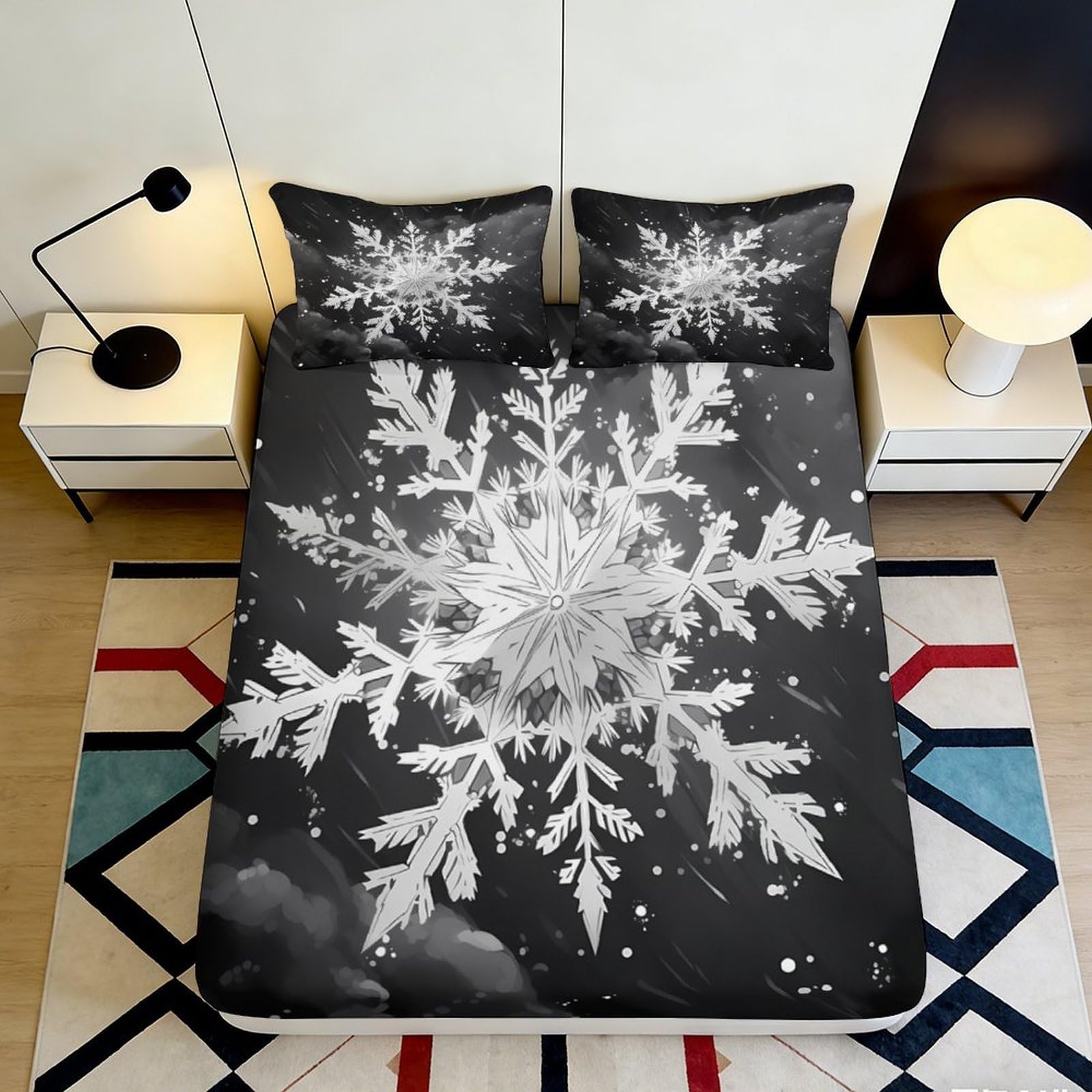 3D Printed Snowflake Fitted Sheet Microfiber Soft Breathable Winter Pattern Bed Cover for Bedroom Dormitory Guest Room Mattress Protection 140x200x25cm
