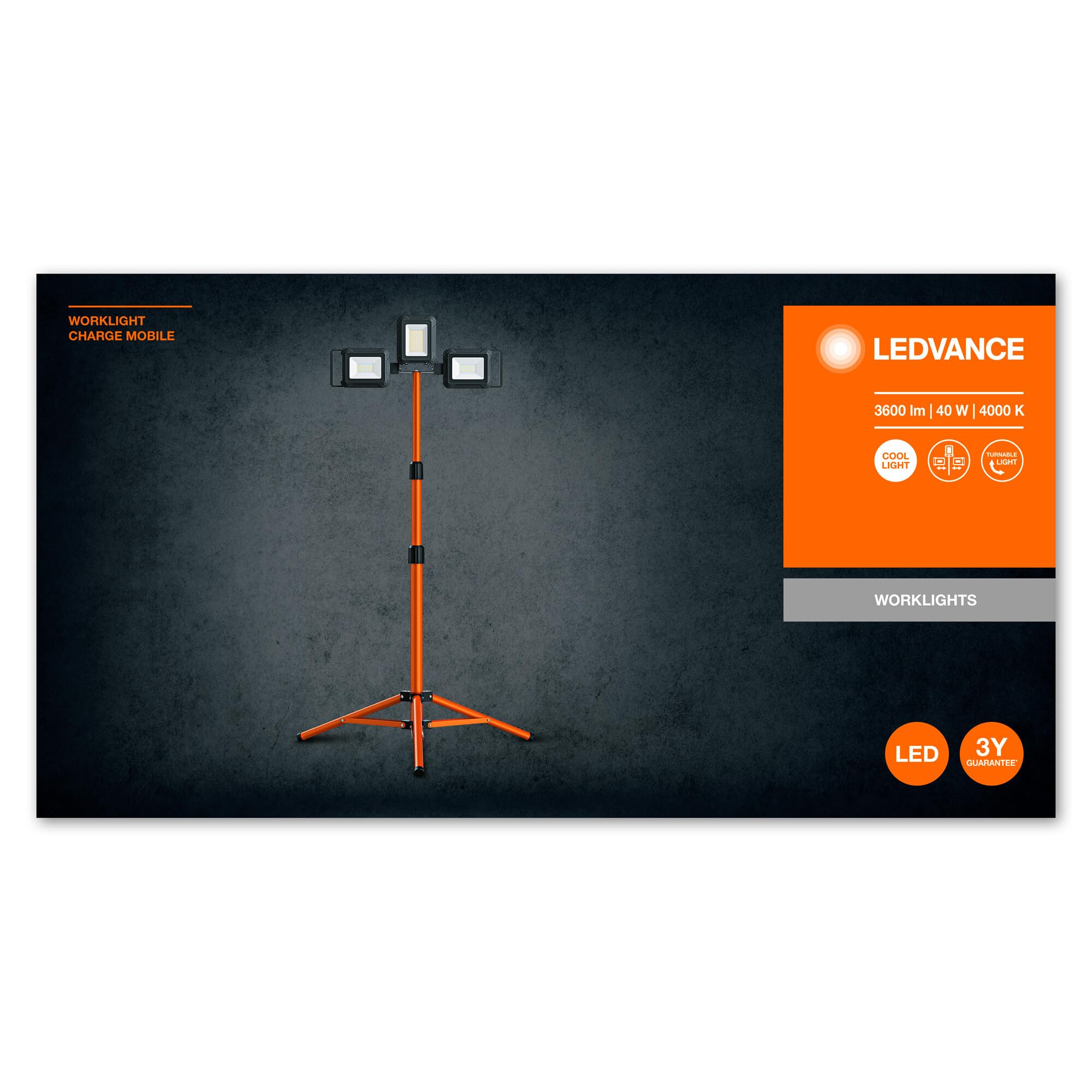 LEDVANCE Worklight LED Tripod - Arbeitslicht mit Stativ, zentraler Fluter mit 30W und zwei abnehmbaren Akku Strahlern 5W, IP54, 3280 Lumen, 4000K kaltweiß, Rotationswinkel 360°