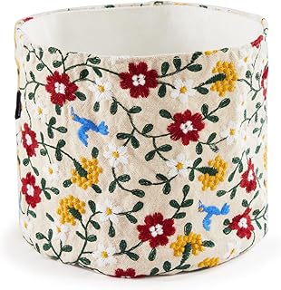 HAUSFRAU Decorative Storage Baskets - Round Embroidered Jacquard Baskets for Home Decor and Organizing - Small Storage Box and Organizer Bins, 5.12"x5.12"x5.12", Bird Flower