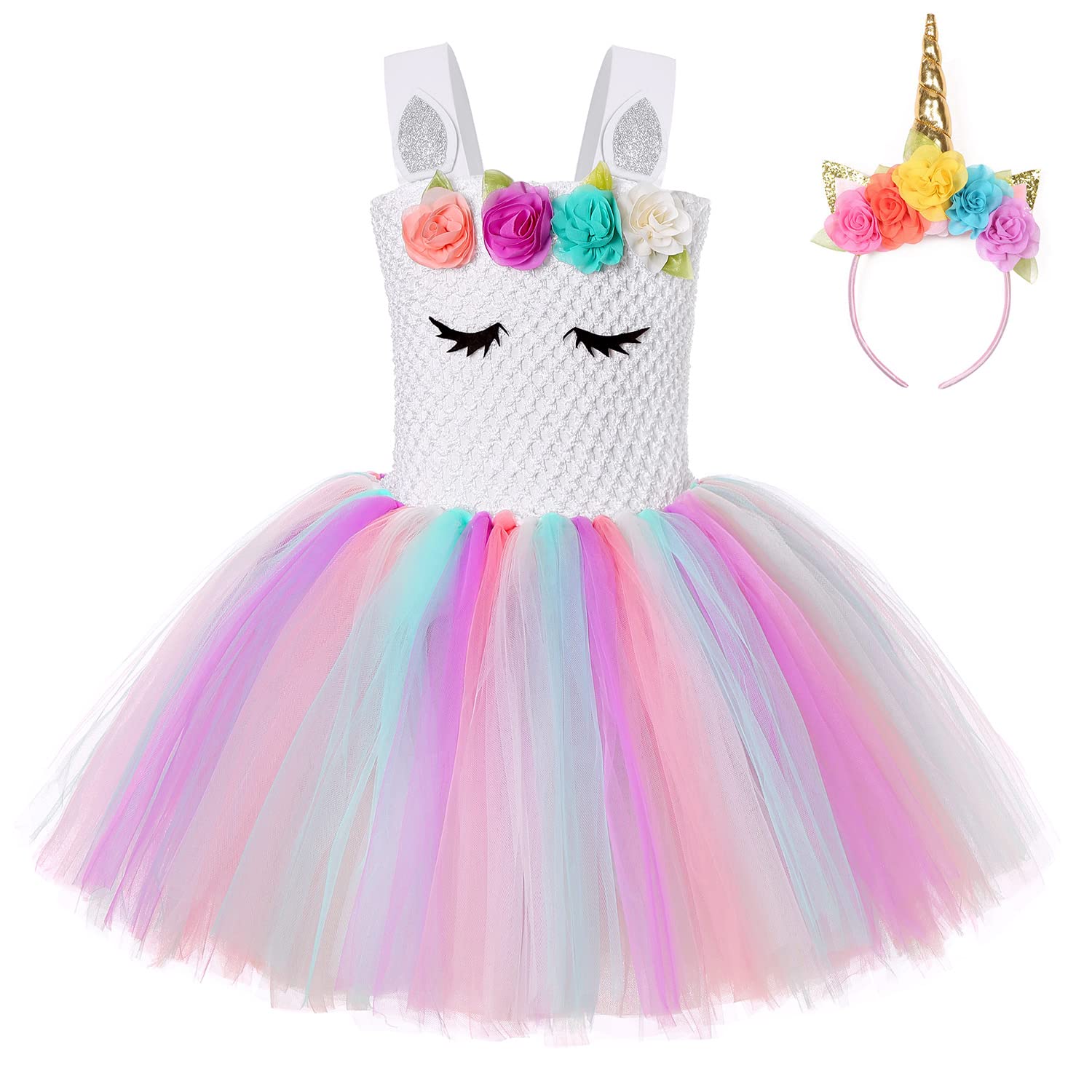 FONLAM Vestido Disfraz de Unicornio Niña Bebé Vestido Princesa Fiesta Carnaval Bautizo Tutú Infantil Flores Niña