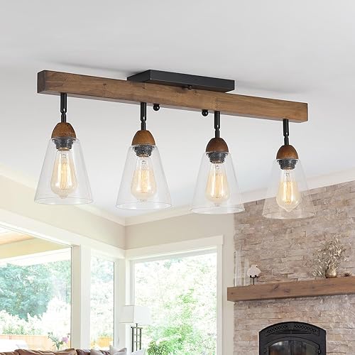 Miniatura 9 de Lámpara de techo rústica de 2 luces con riel de vidrio de estilo granja, montaje empotrado, mini pantalla de vidrio transparente granulado y madera