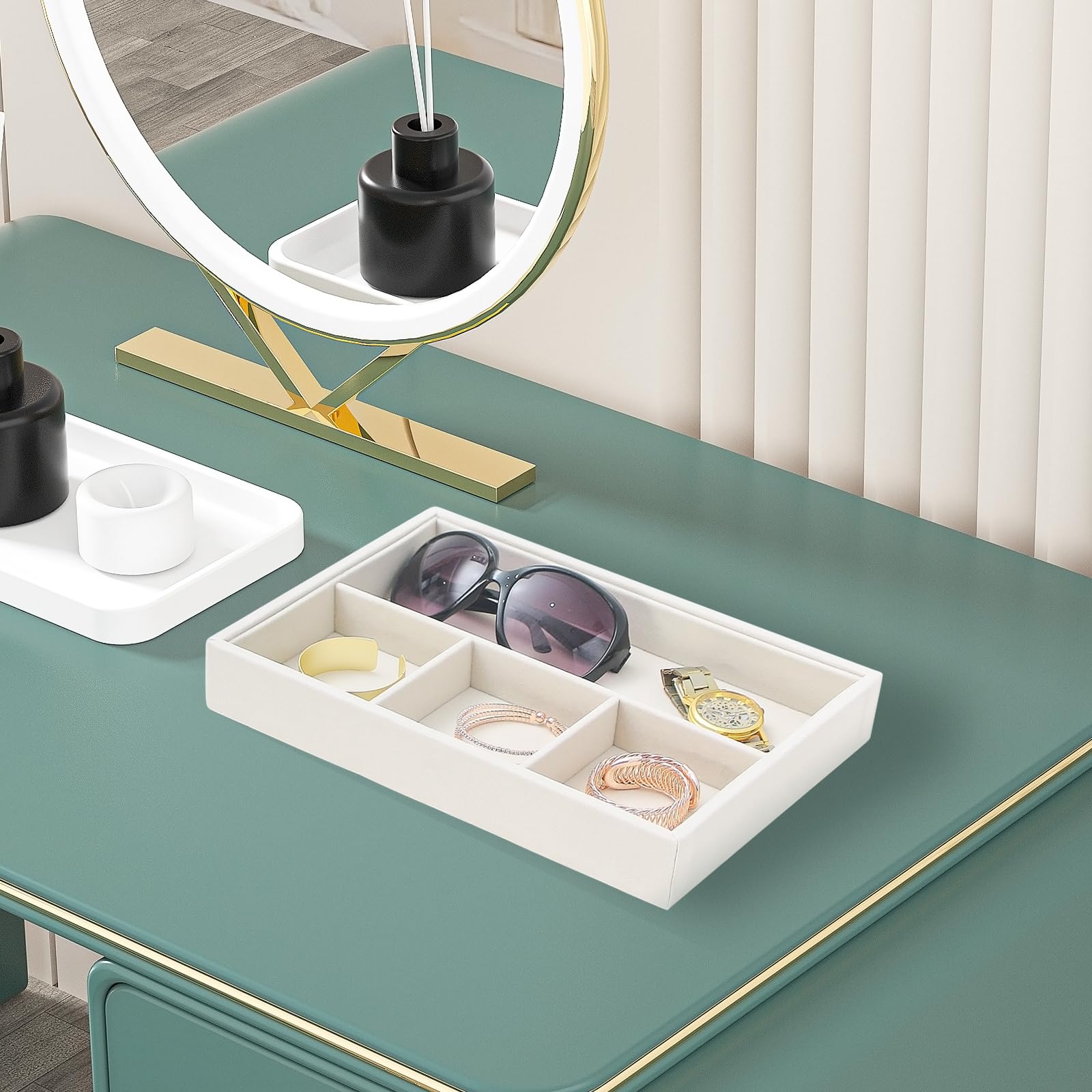 Bandeja organizadora de mesita de noche, bandeja de almacenamiento de escritorio para joyas, gafas de sol, teléfono, reloj, perfume, lápiz labial, mesita de noche, bandeja de soporte multiusos para