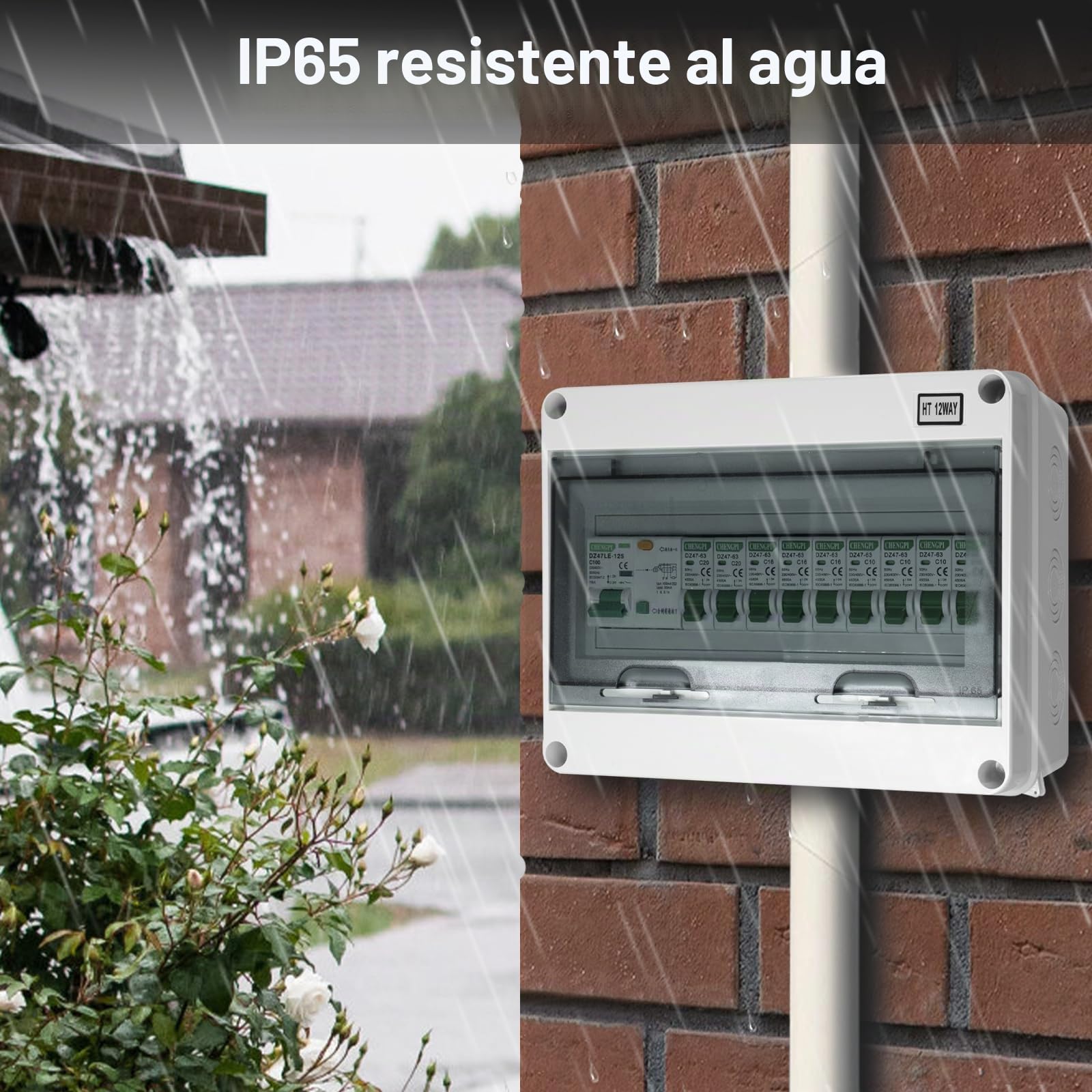 Caja de distribución con varillas de cobre, IP65 resistente al agua, caja de fusibles para hogar/oficina, 1 fila para 12 módulos HT