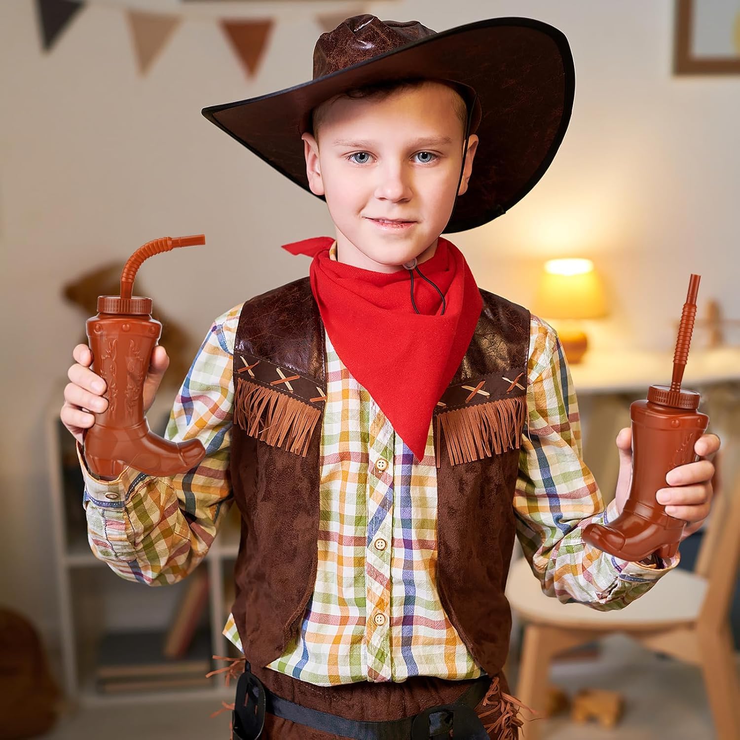 ALINK Cowboy Barca Tazze con cannucce e coperchi, 12pcs 10oz Cowboy Tazze per Western Rodeo Temed Party Favor, Compleanno, Vacanze, Eventi Accessori e Decorazioni - Brown