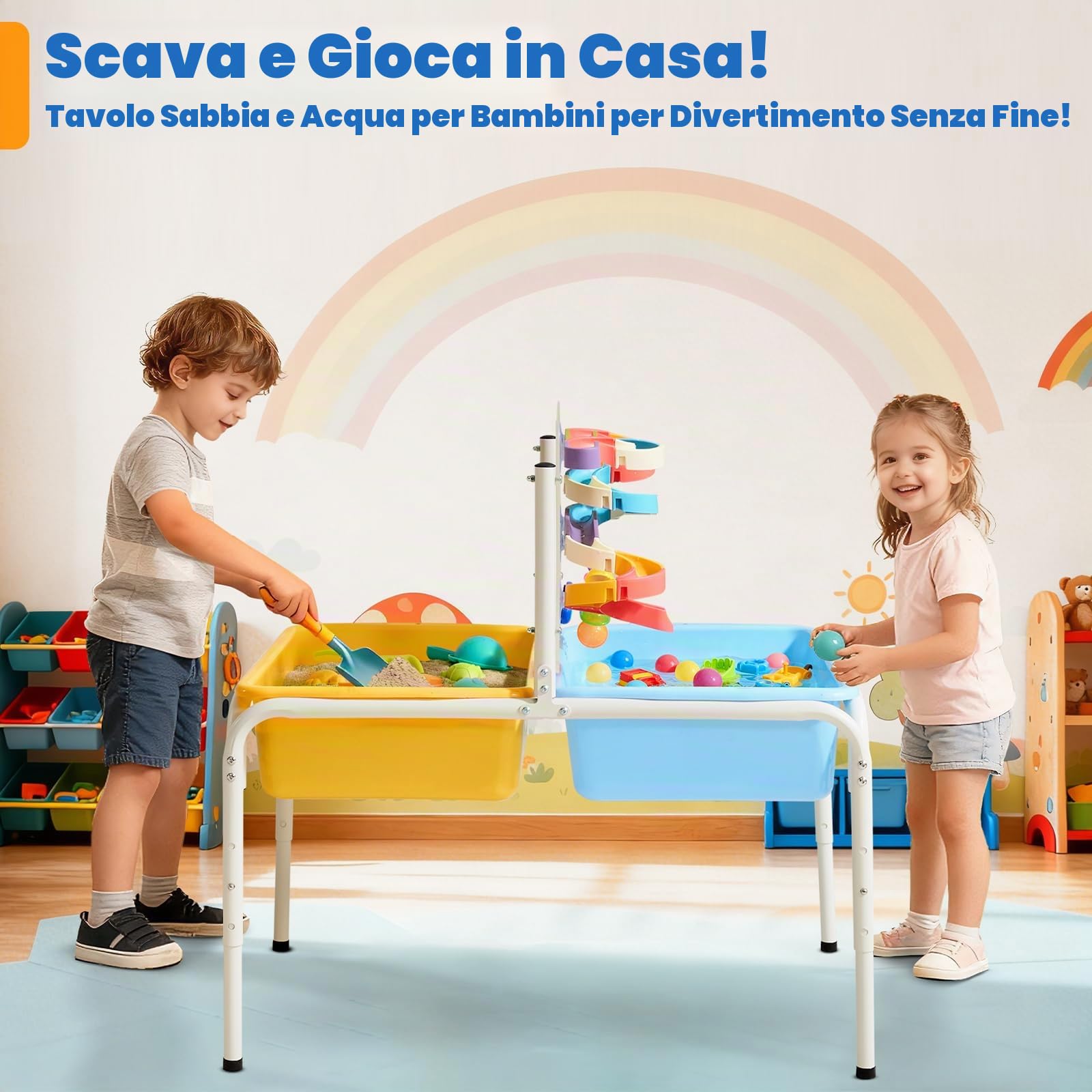 FUNLIO Tavolo per Sabbia e Acqua con 3 Livelli di Altezza Regolabile per Bambini 3-6 Anni, Tavolo sensoriale 4 in 1 con 2 contenitori, Pannello Acrilico, Pista Scorrevole, Mulino a Vento