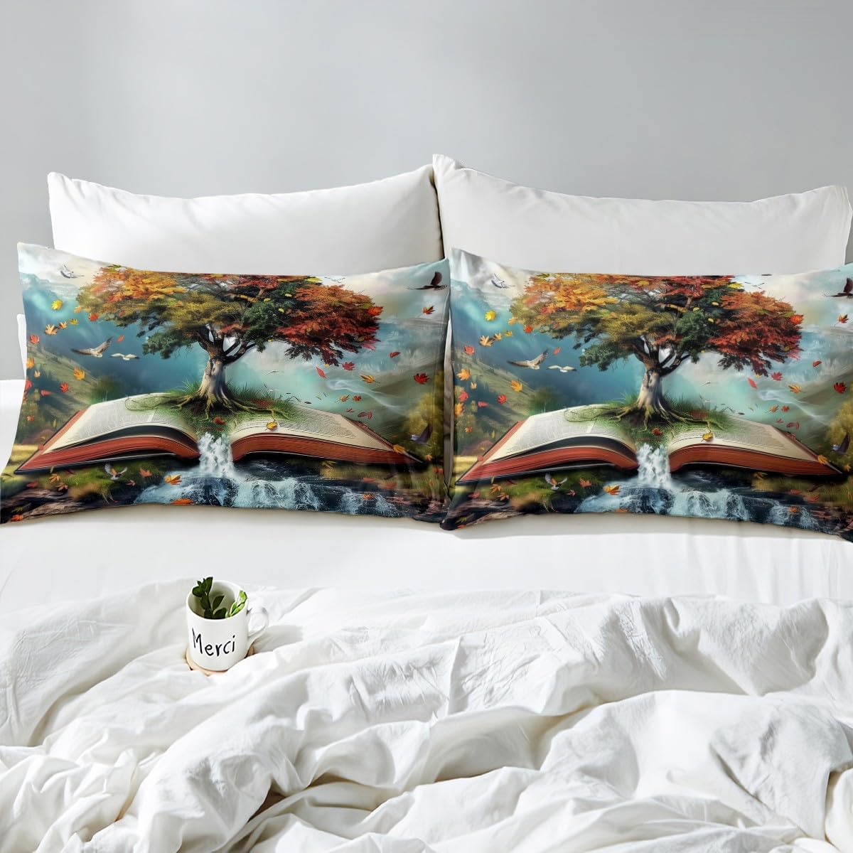 Tree of Life Fitted Sheet Twin 2 Pcs,Magic Book Natural Landscape Sheets Set Breathable Bedding(No Top Sheet),Autumn Leaves Birds Bed Sheet with Deep Pocket,Farmhouse Style Bed Cover