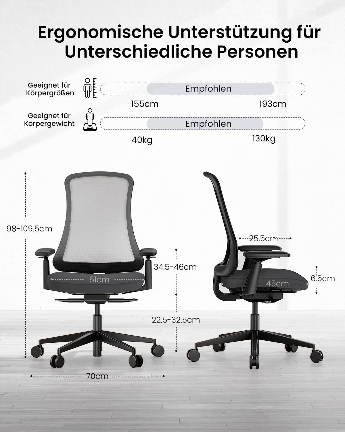 ProtoArc Flexer Ergonomischer Bürostuhl – Schreibtischstuhl mit Sitztiefenverstellung, konturiertem Sitzkissen und atmungsaktiver Netzlehne für Home Office und Büro, einfache Montage, Schwarz