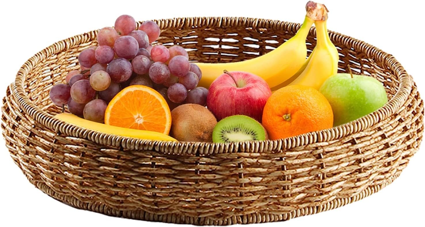 Egg Basket Round Rattan Tray Woven Serving Tray Serving Basket for Bread Fruit Vegetables Restaurant Serving Tabletop Display (Color : L 29x5cm) (S 24x5cm)