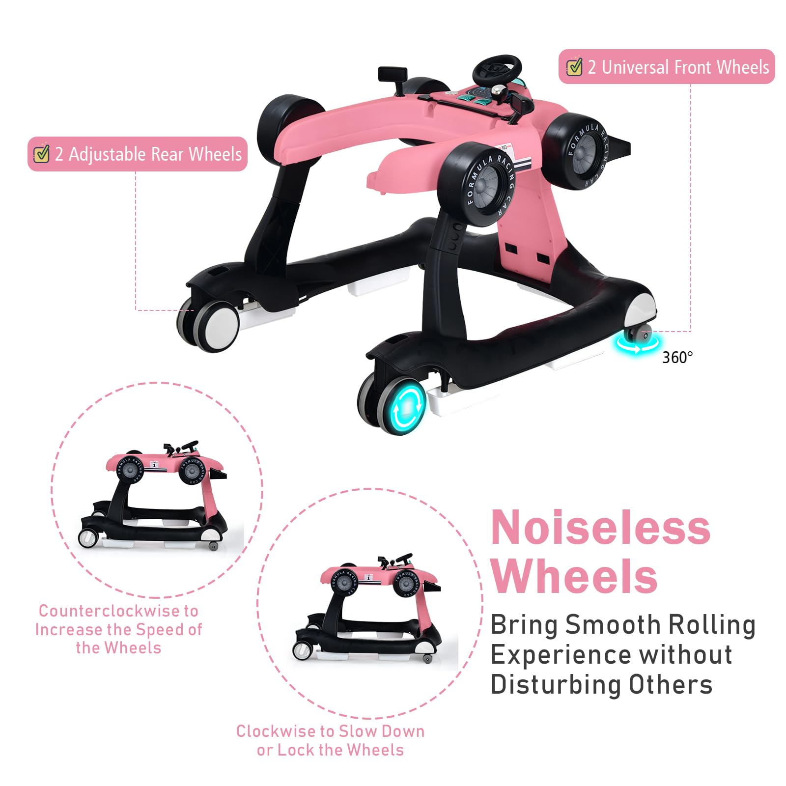 LIFEZEAL Girello Neonato 6-18 Mesi, 4 in 1, Girello per Bambini 6-18 Mesi, Baby Walker Pieghevole, con Altezza e Velocità di Ruote Regolabili, Primi Passi, con Luce e Musica, Portata 15 kg, Rosa