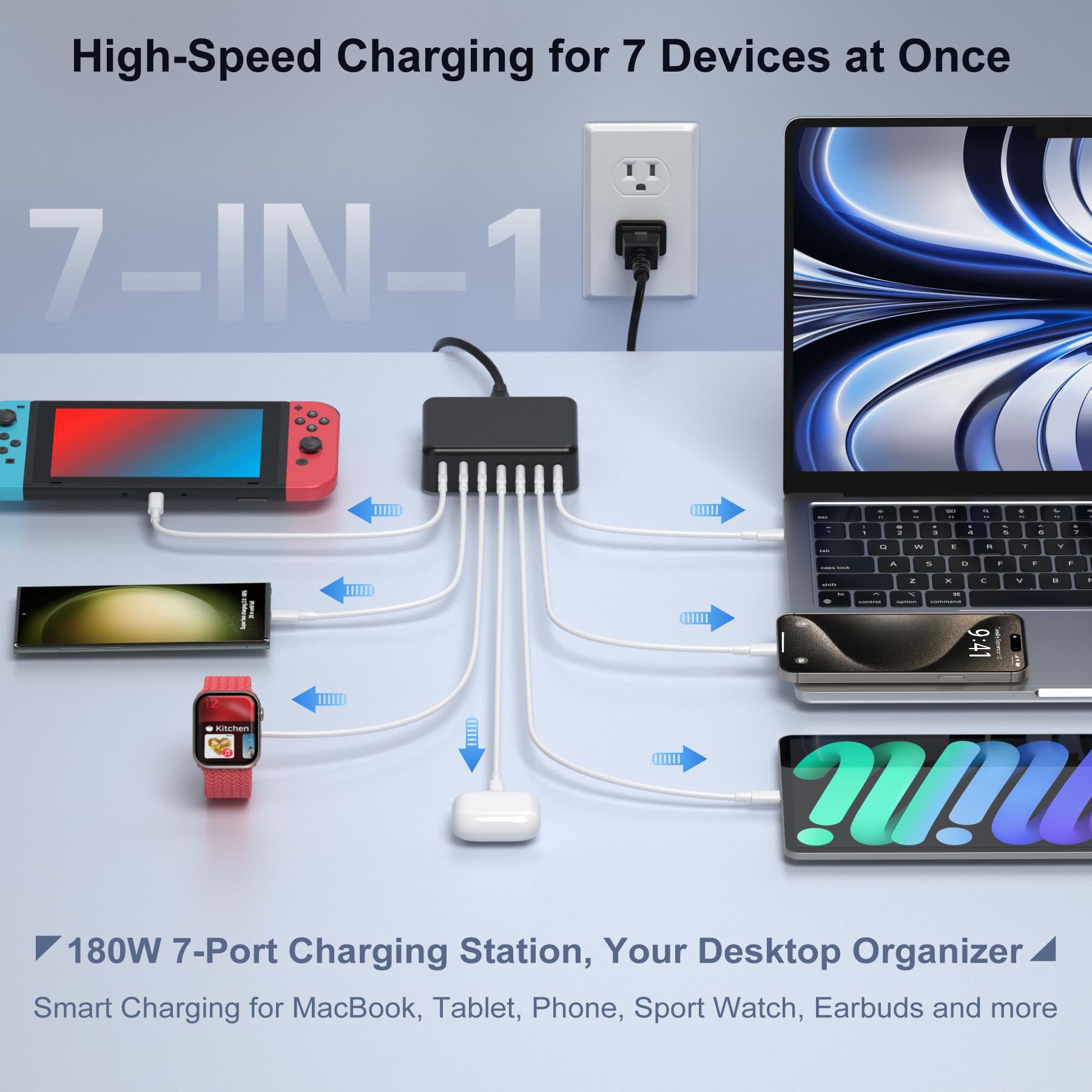 180W USB C Charger Block, Agtray 7-Port GaN Fast Charging Station PD65W Laptop Charger Multiport Desktop Hub Power Adapter & USB C Cable for MacBook, iPad, iPhone 16 15 14 Pro, Samsung Galaxy S25 S24